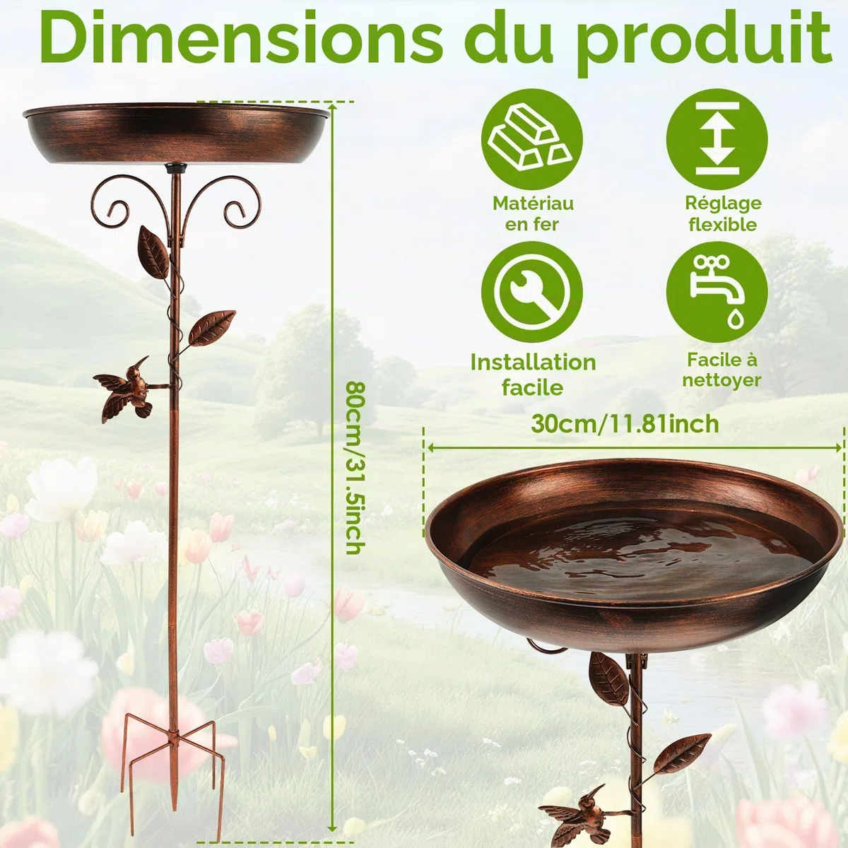 Abreuvoir pour oiseaux sur pied rétro en métal - 30 x 80 cm avec piquet, bain résistant au gel pour extérieur et hiver
