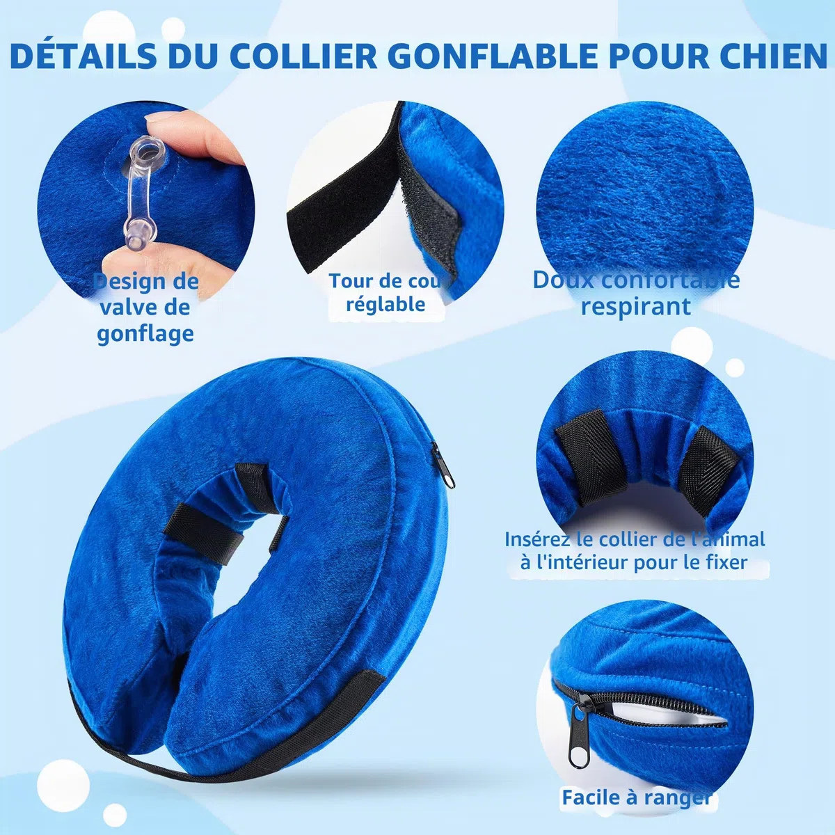 Collerette Gonflable pour Chien, Ajustable Collier de Récupération Chat Cône de Cicatrisation pour Chien Collier de Protection pour Anti Lechage & Morsure Après Une Chirurgie (Bleu, XL)