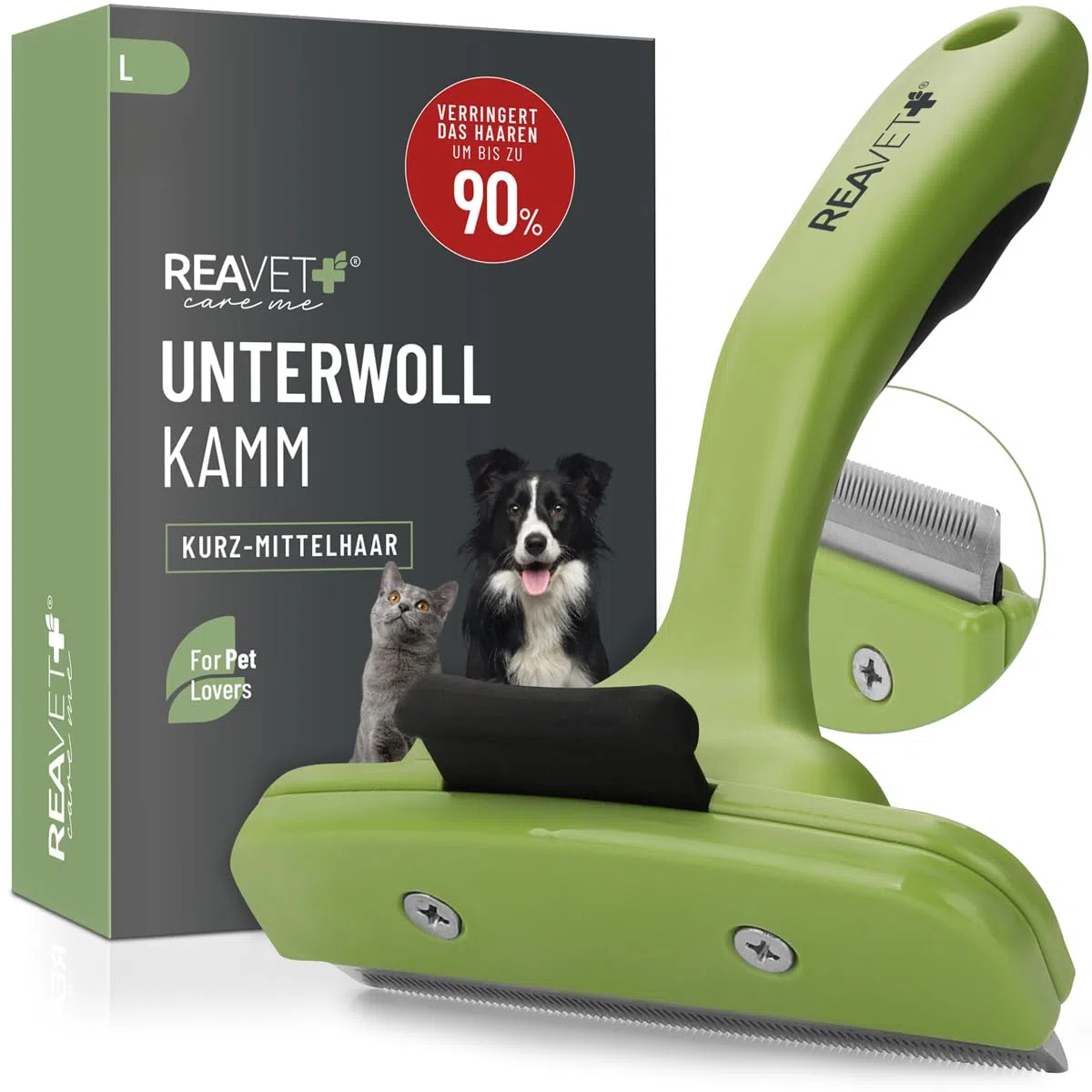 ReaVET Peigne pour sous-poil pour chiens et chats à poils courts I Grandes races I Enlève le sous-poil I Nourrit les poils de couverture I avec bouton autonettoyant I Peigne pour chat idéal pour