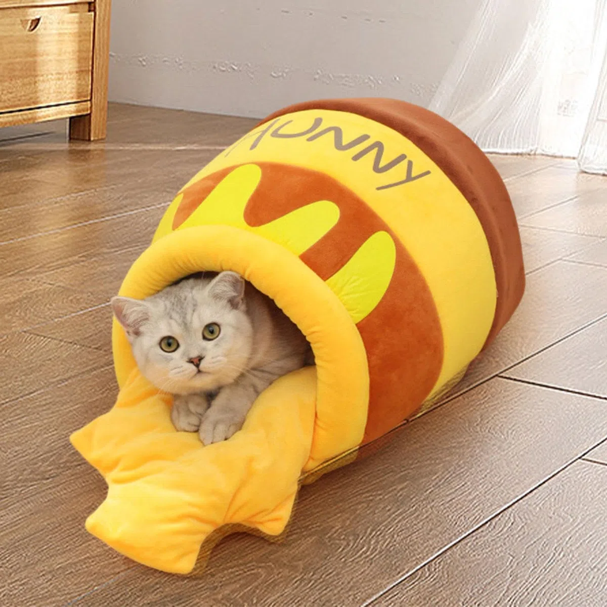 F Fityle Lit pour Chat en Forme de Pot de Miel, nid Chaud de Dessin animé, Coussin épais, Fond antidérapant, Niche Lavable Semi-fermée, Grotte, lit de Couchage