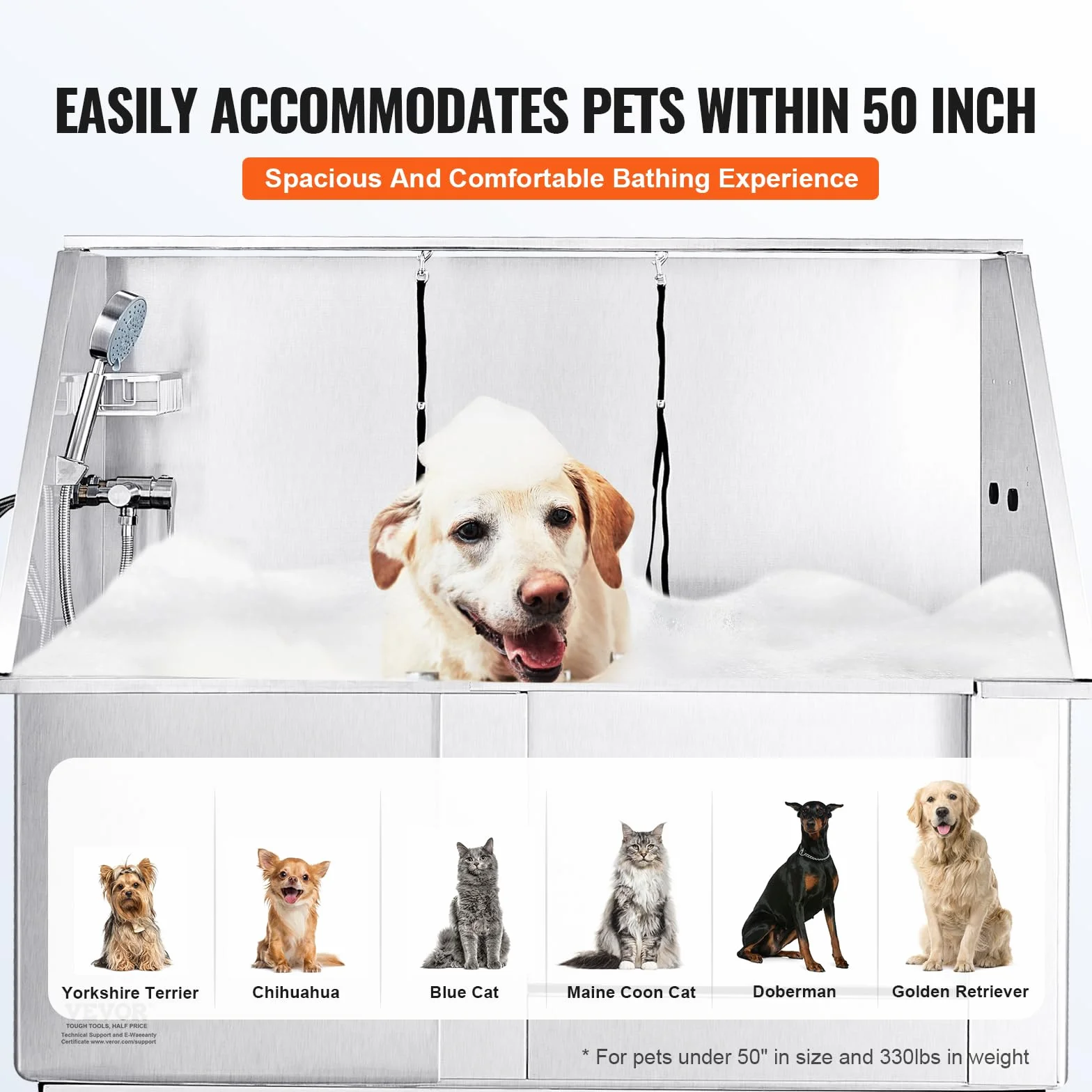 VEVOR Baignoire de Toilettage Chien Électrique 127 cm Baignoire pour Chien Chat Acier INOX avec Boîte à Savon, Robinet, Accessoires Nombreux Baignoire pour Animaux de Compagnie Maison, Porte Droite