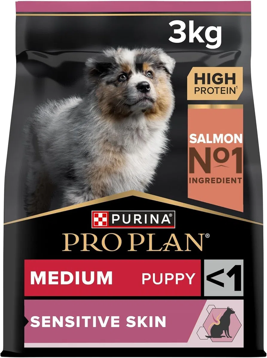 PURINA PRO PLAN | Sensitive Skin | Croquettes complètes pour chiot de moyenne taille | Favorise une peau saine et un pelage brillant | Au Saumon | Croquettes | Sac | 3 Kg
