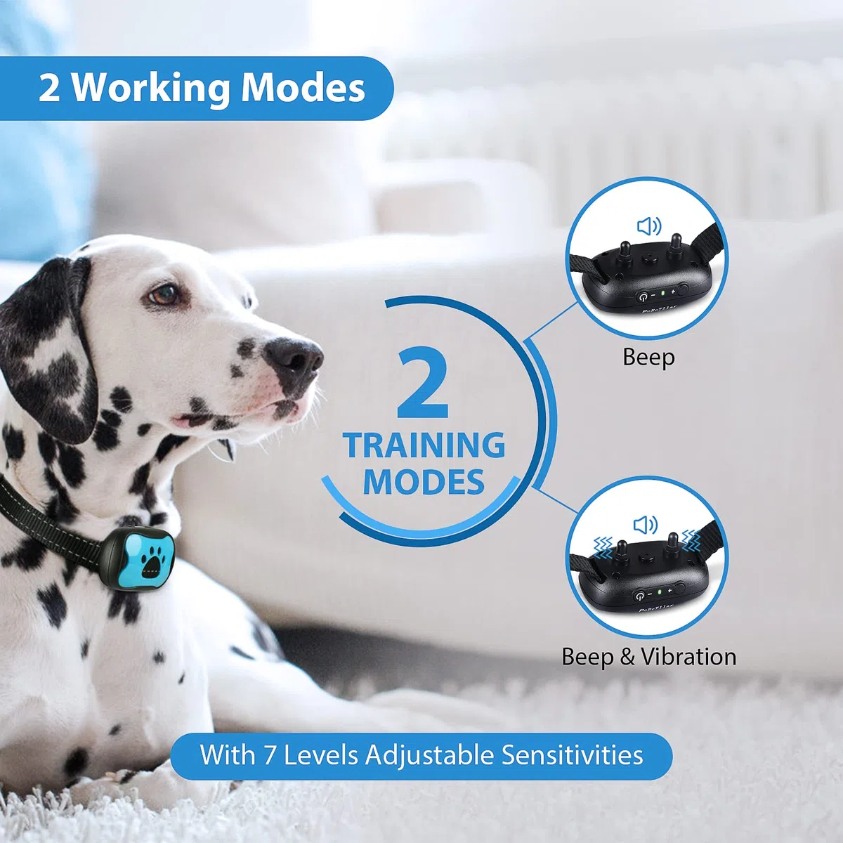 PcEoTllar Rechargeable Collier Anti aboiement Chien pour Petit Moyen Grand Chien, Intelligente Collier Dressage avec 2 Modes Vibration et Son 7 Niveaux de Sensibilité, Bleu