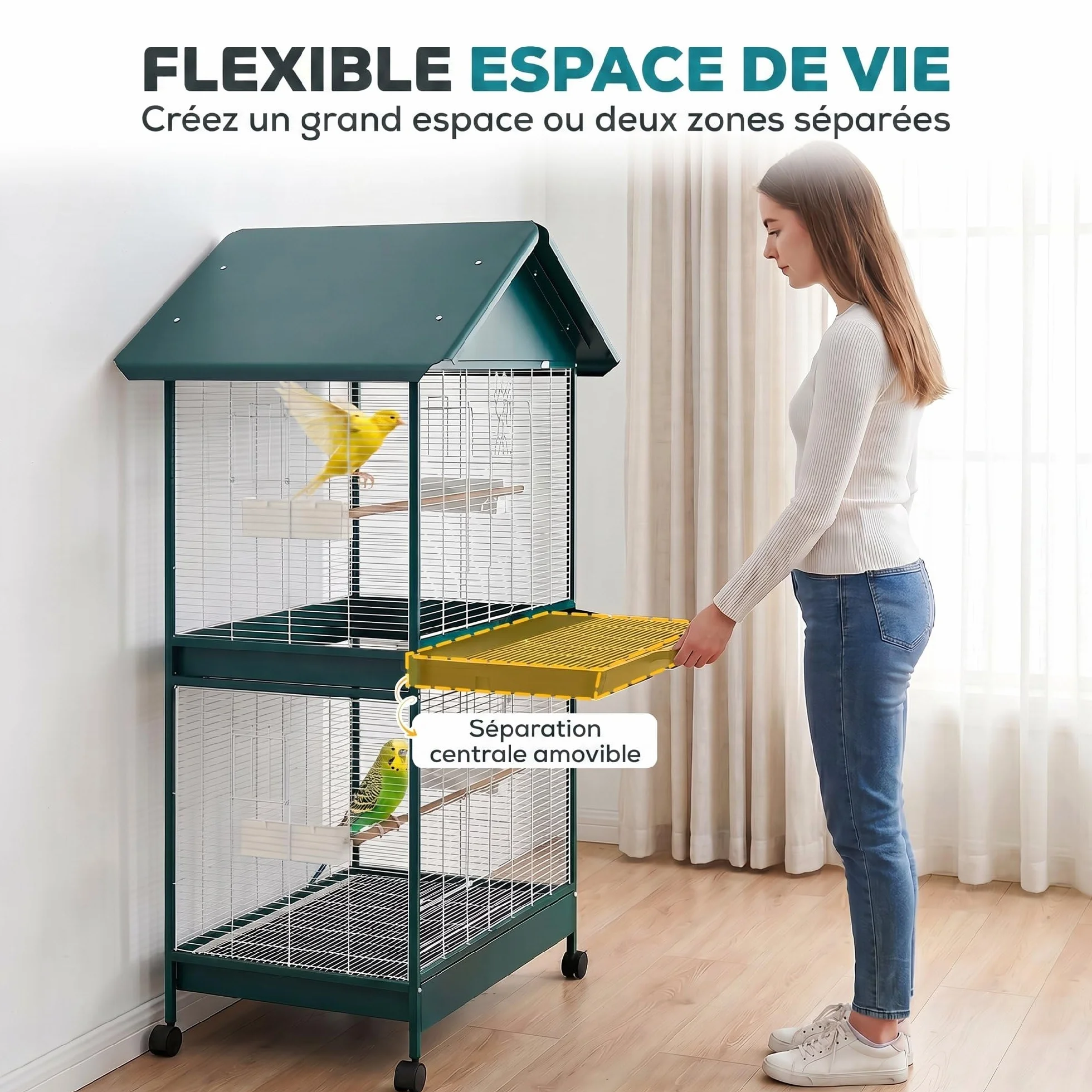 PawHut Grande Cage à Oiseaux Roulante, Volière Oiseaux Intérieur/Extérieur, Séparateur Amovible, 4 Mangeoires, 2 Perchoirs, 2 Plateaux, 94x70x158 cm