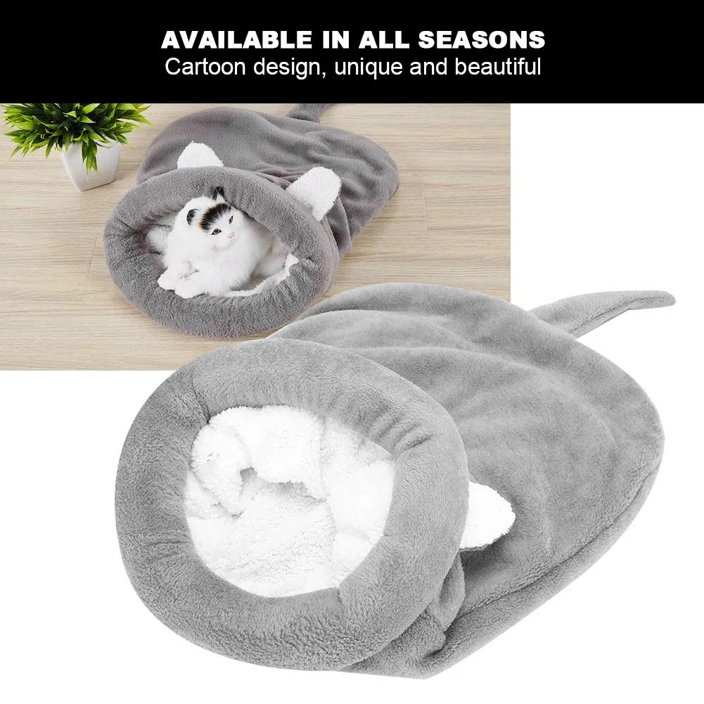 Pssopp Sac de Couchage pour Chat Doux en Peluche Auto-Chauffant Lavable Lits de Chat Câlin Sac Couverture Tapis Kitty Sac pour Chat et Chiot(Gris)
