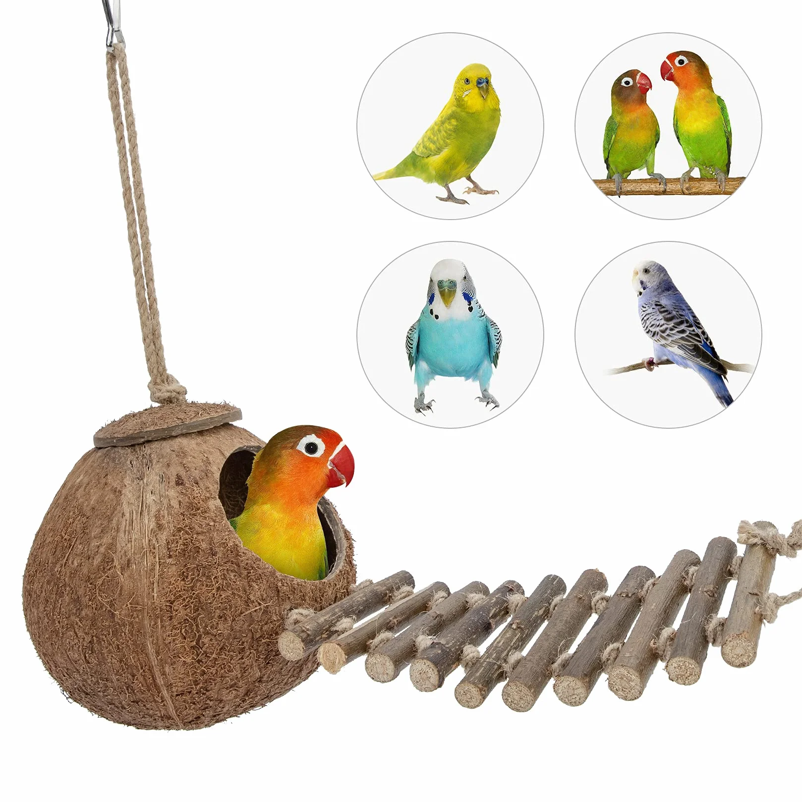 Niteangel® Nid d'oiseau naturel Coconut Hideaway avec échelle, jouet pour oiseaux et petits animaux