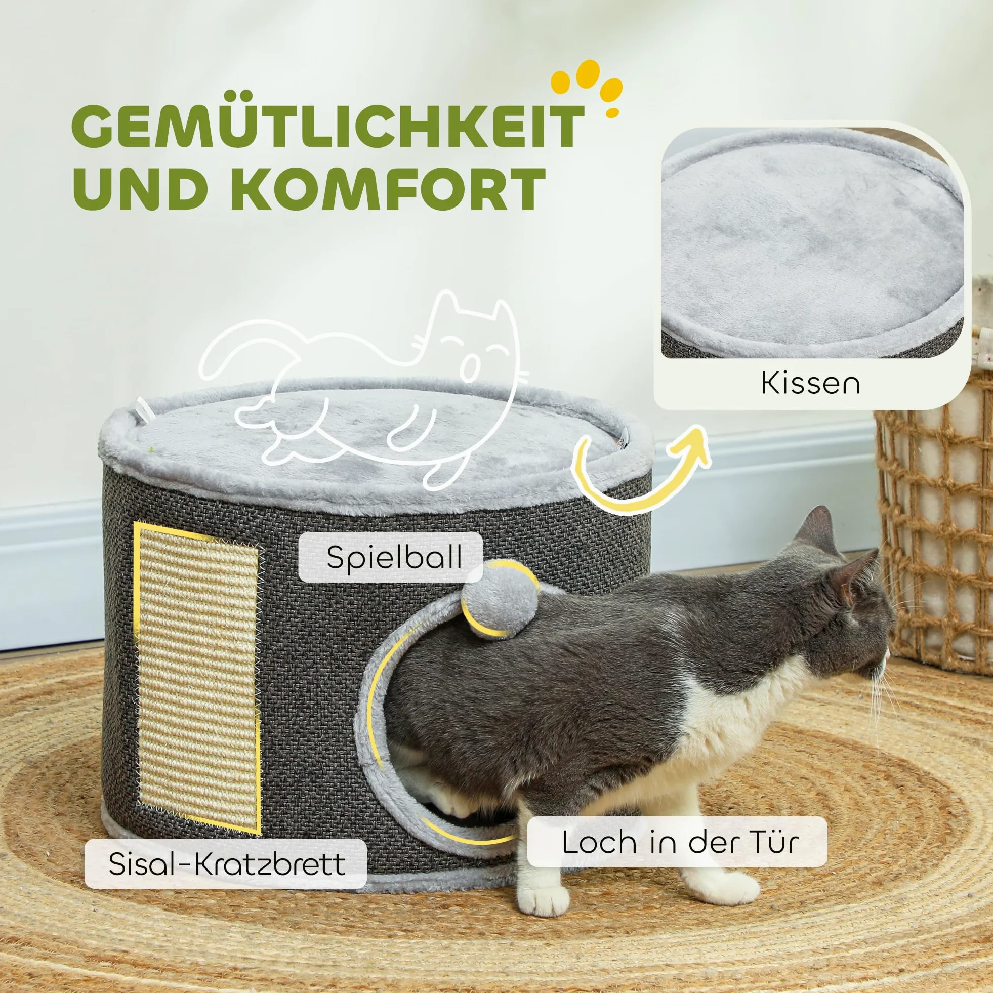 PawHut Griffoir en sisal pour Chat jusqu'à 5 kg avec Grotte Blanc crème 30 cm