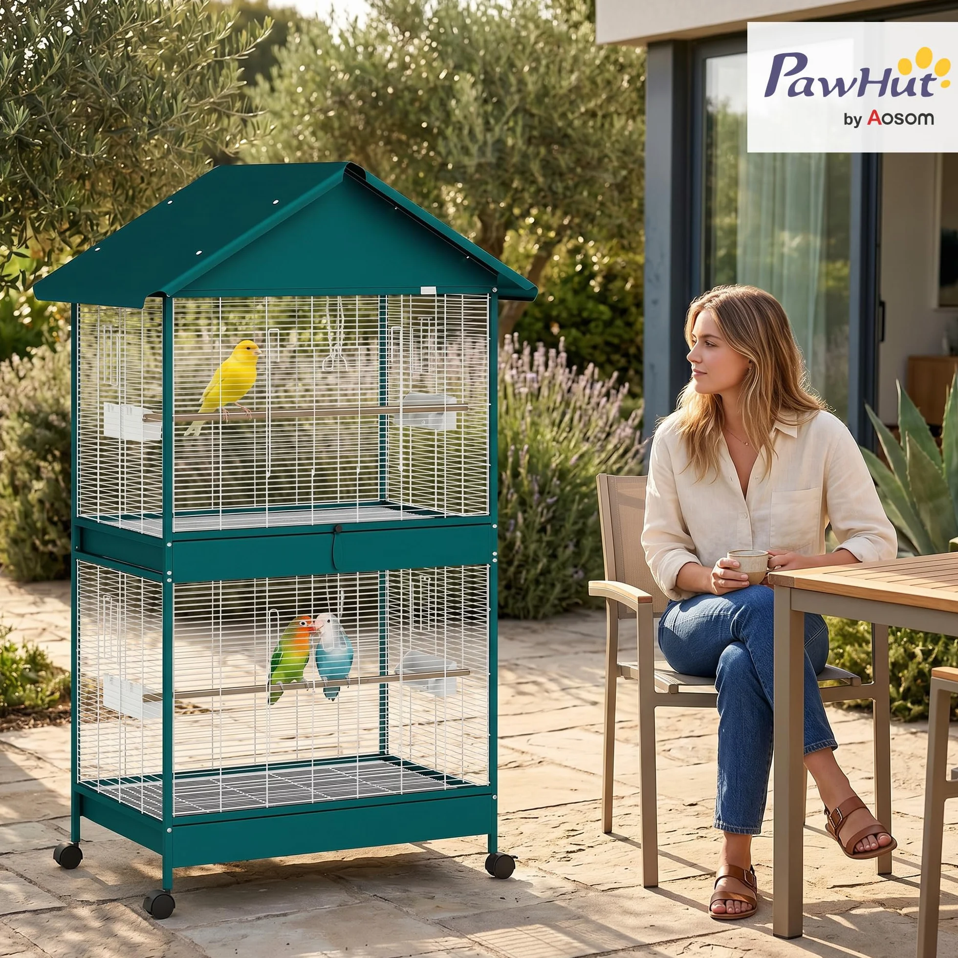 PawHut Grande Cage à Oiseaux Roulante, Volière Oiseaux Intérieur/Extérieur, Séparateur Amovible, 4 Mangeoires, 2 Perchoirs, 2 Plateaux, 94x70x158 cm