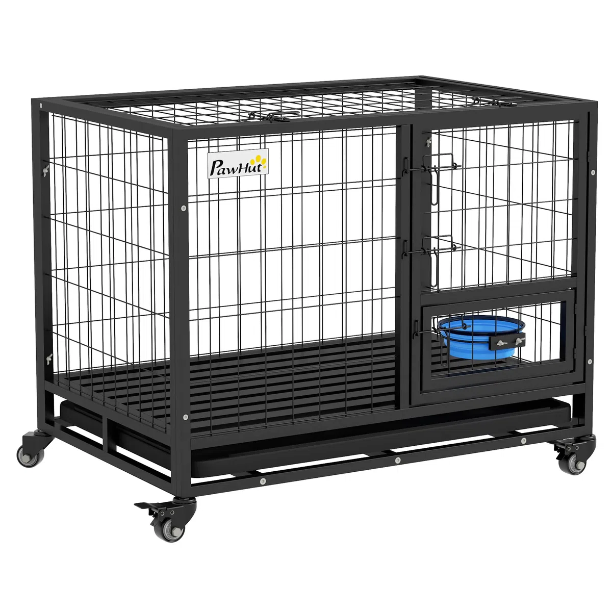 PawHut Cage pour Chien Animaux Cage de Transport sur roulettes avec 2 Portes verrouillables Support de gamelle Plateau Amovible en Acier dim. 92L x 62l x 73H cm Noir