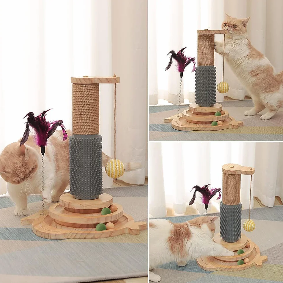 Marchul 5 en 1, Griffoir pour Chat avec Boule Suspendue, Jouet de Piste en Bois avec Plume à Ressort, Jouet d'intérieur interactif