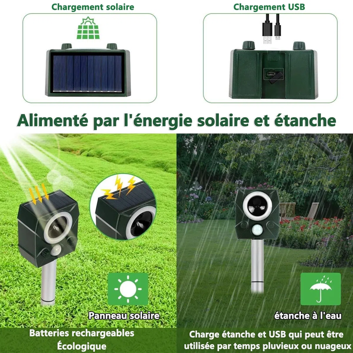 Répulsif Animaux Solaire, Repulsif Chat Exterieur, Ultrason Oiseau, Répulsif Souris, Ultrason Charge Solaire, Chargement USB, Jardin pour Cours, Fermes, Champs (Vert)