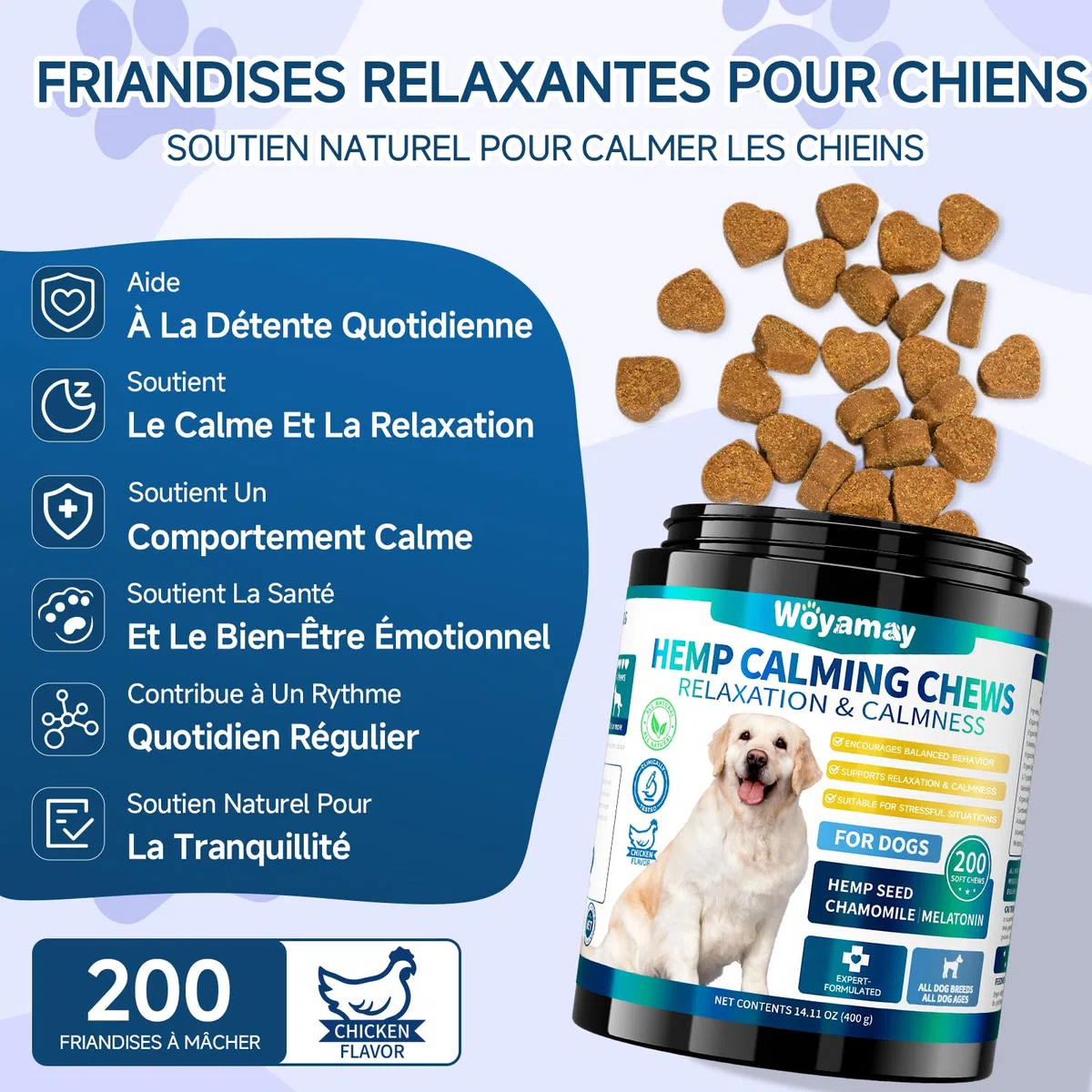 Woyamay Calmantes pour Chien, 200 Pièces Calmant à Mâcher pour Chiens, pour Accompagner Lors de Moments de Séparation, Voyage, Feux d’Artifice ou Orages, Saveur Poulet