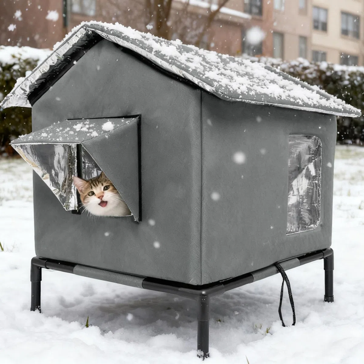 Niche pour Chat d'extérieur, abri Portable et étanche avec Support surélevé pour Porche ou Grange, Gris Foncé, L