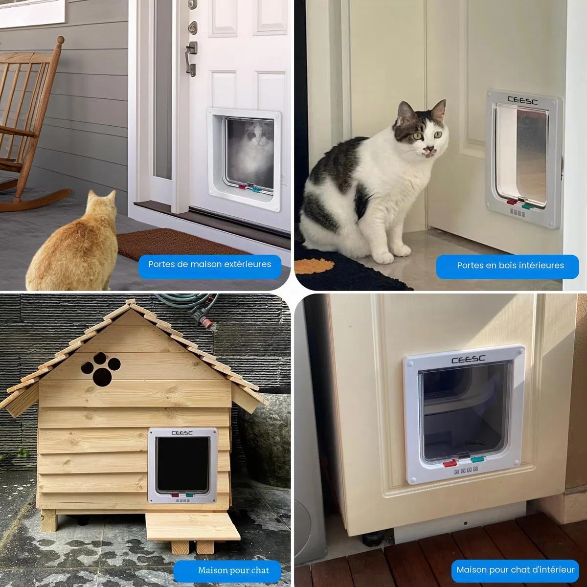 CEESC Chatière pour Chat, Chatière Verrouillable à 4 Voies pour Chat, Petit Chien, Facile à Installer et à Utiliser(M,Blanc)