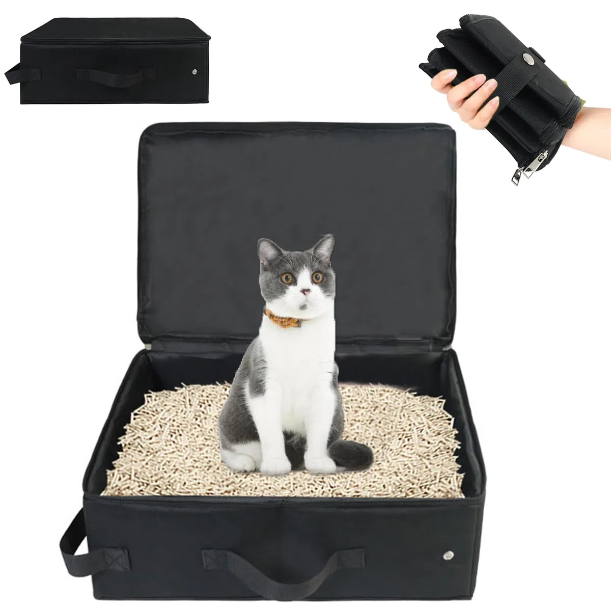 Bac a Litiere de Voyage pour Chat avec Couvercles, Pliable Litiere Portable pour Chat, Imperméable, Résistant pour Chaton, Lapin Voiture, Intérieur, Camping, Voyage, 40 * 30 * 15cm, Noir