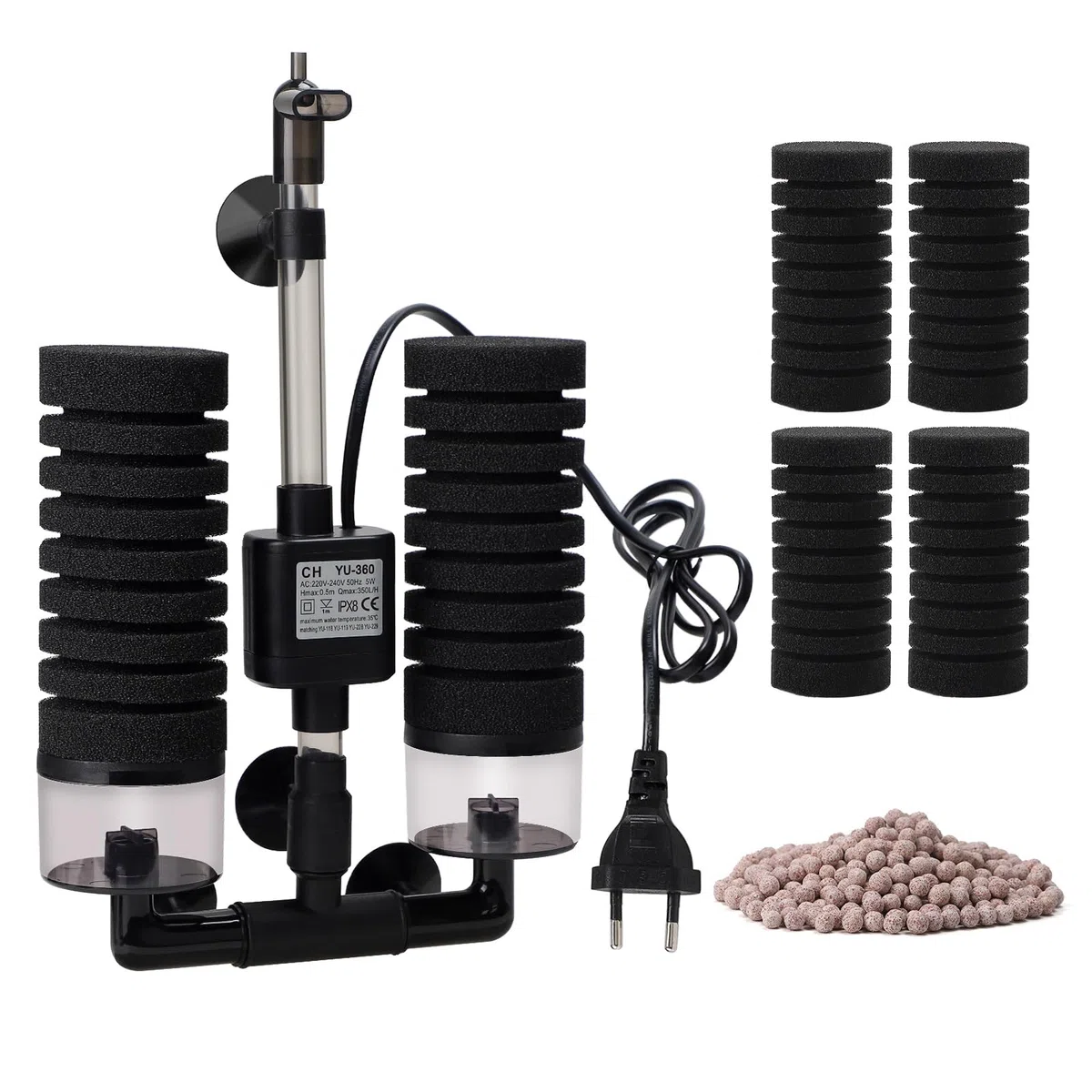SWAWIS Filtre Éponge d'Aquarium Électrique avec 2 Paires d'Éponges de Remplacement et Billes Céramique, pour Aquariums de Moins de 60-80L, pour Enrichissement en Oxygène Filtration Culture Bactérienne