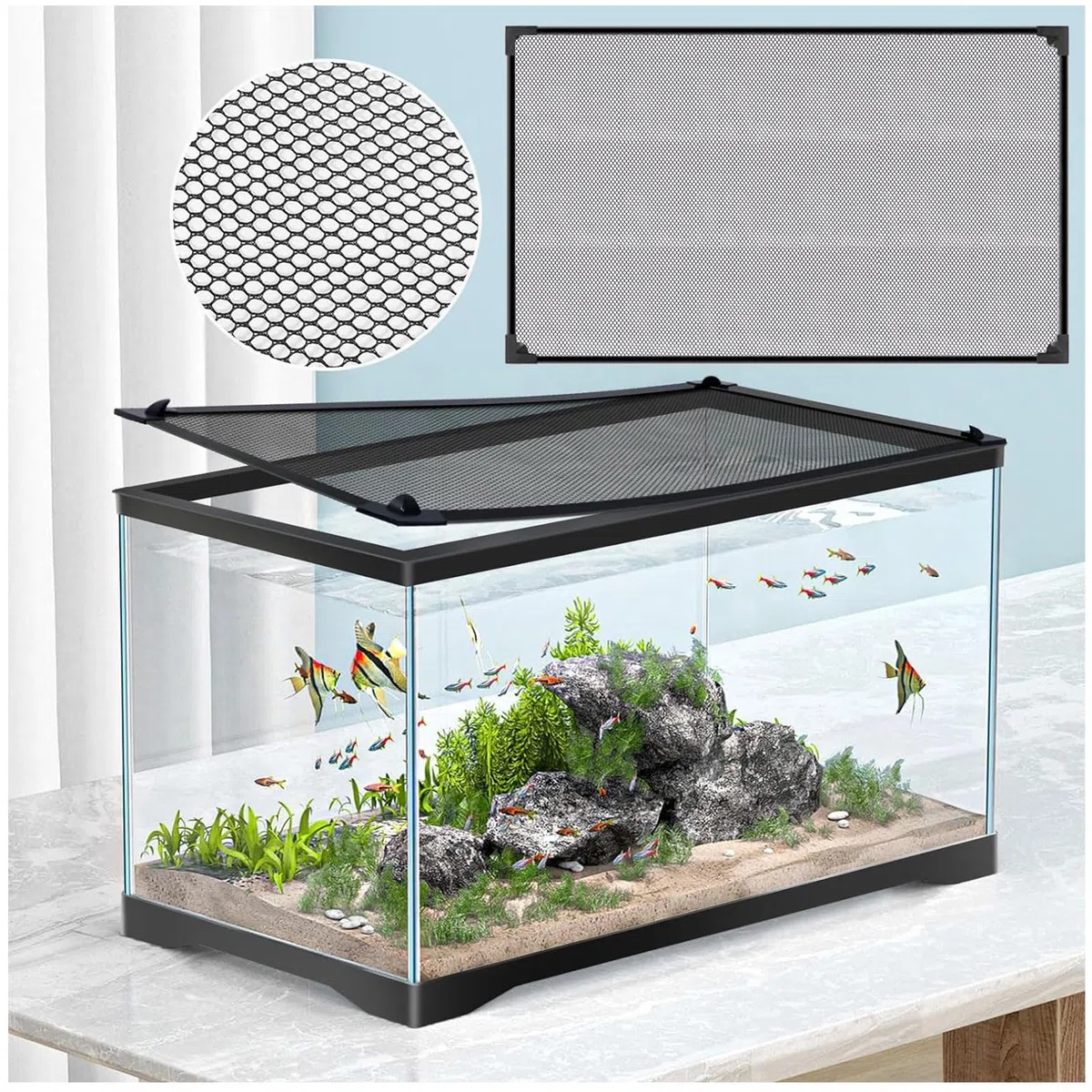 Couvercle D'aquarium, Filet Anti-Saut, Aquarium Couvercle D'écran, Fischtankdeckel, Facile À Installer Accessoires Aquarium Empêcher Poissons Reptiles (50 X 30 CM)
