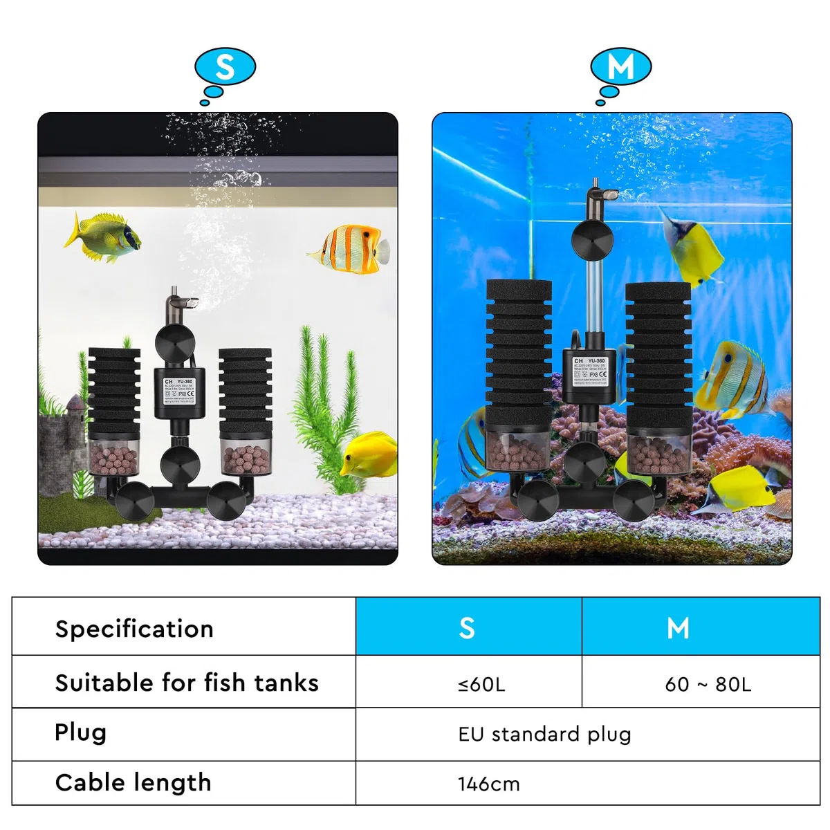 SWAWIS Filtre Éponge d'Aquarium Électrique avec 2 Paires d'Éponges de Remplacement et Billes Céramique, pour Aquariums de Moins de 60-80L, pour Enrichissement en Oxygène Filtration Culture Bactérienne