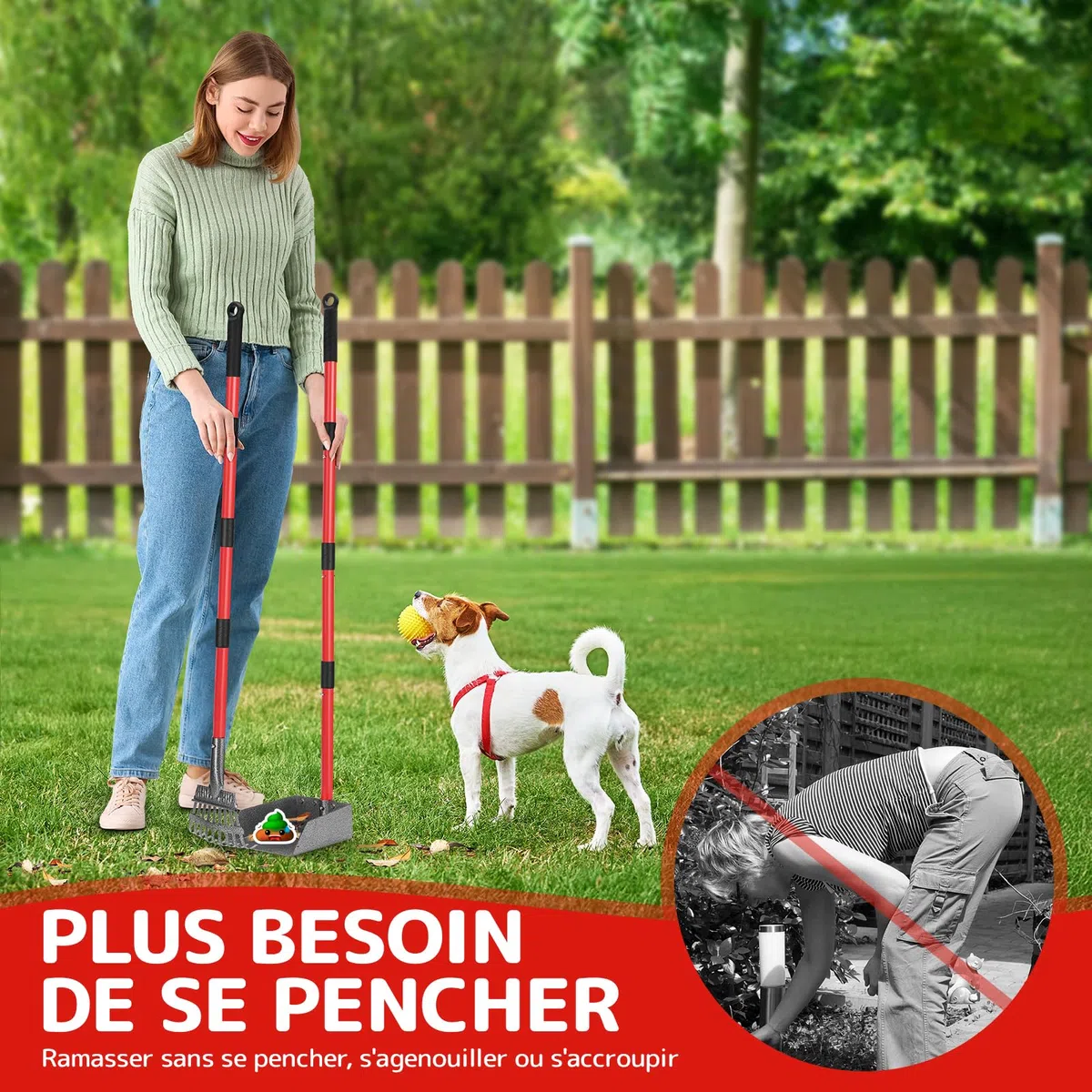 Ramasse Crotte Chien, Pelle a Crotte pour Chien en Métal, Longue Poignée en Acier Inoxydable à Utiliser sur la Cour, l'herbe, la Terre ou Le Gravier (Rouge)
