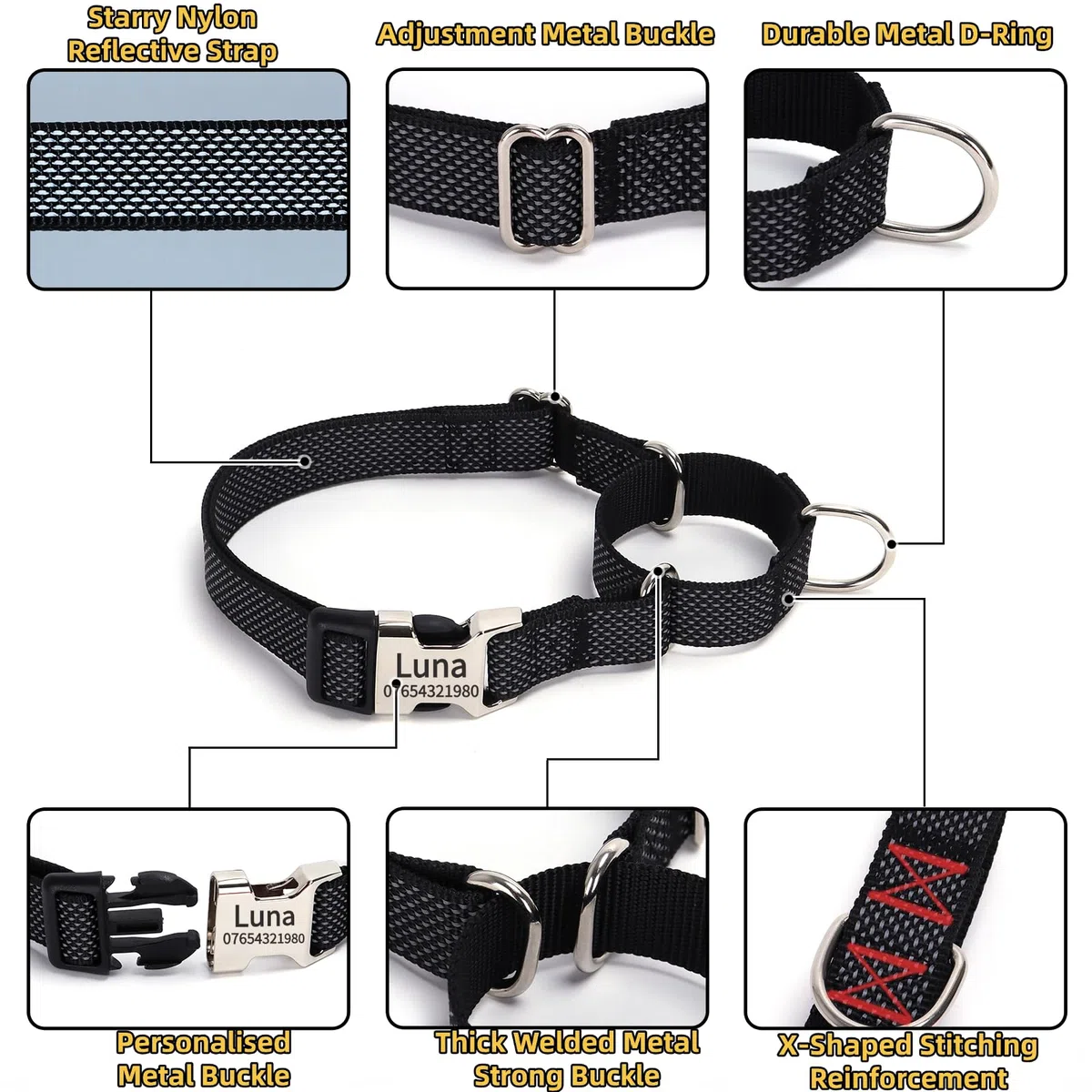 SEOUGEE Martingale Ensemble collier et laisse pour chien personnalisés en nylon réfléchissant anti-étranglement avec boucle gravée personnalisée - Dressage de la marche pour petits chiens (S bleu