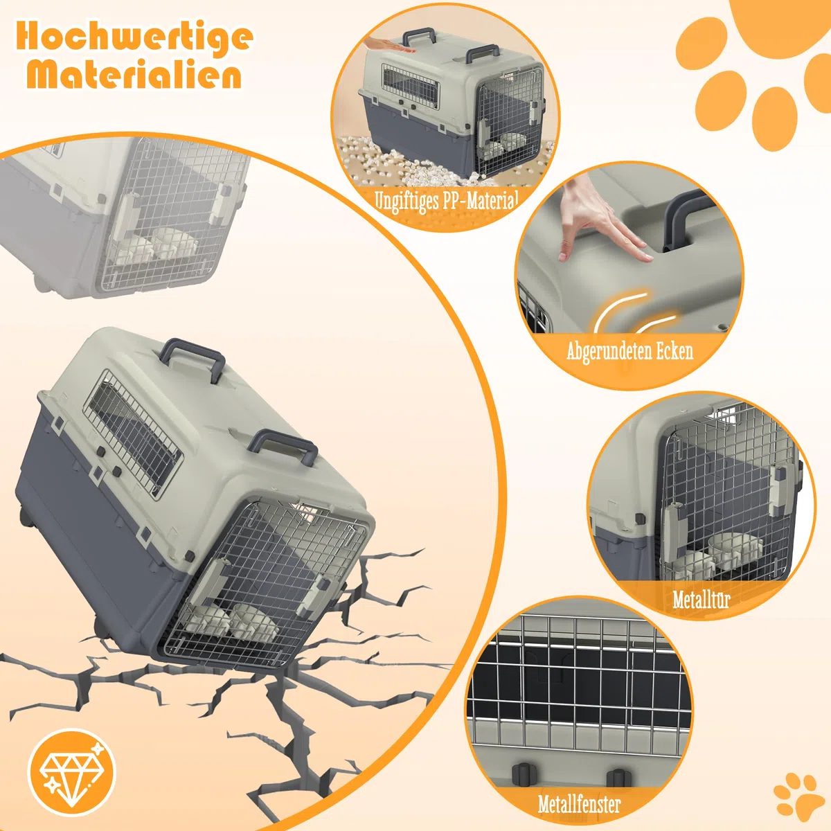 FIVMEN Cage de transport pour chien 67 x 51 x 58,5 cm avec roulettes et fenêtres en fer, portes, caisse de transport pour animaux, avion, voiture, voyage et transport