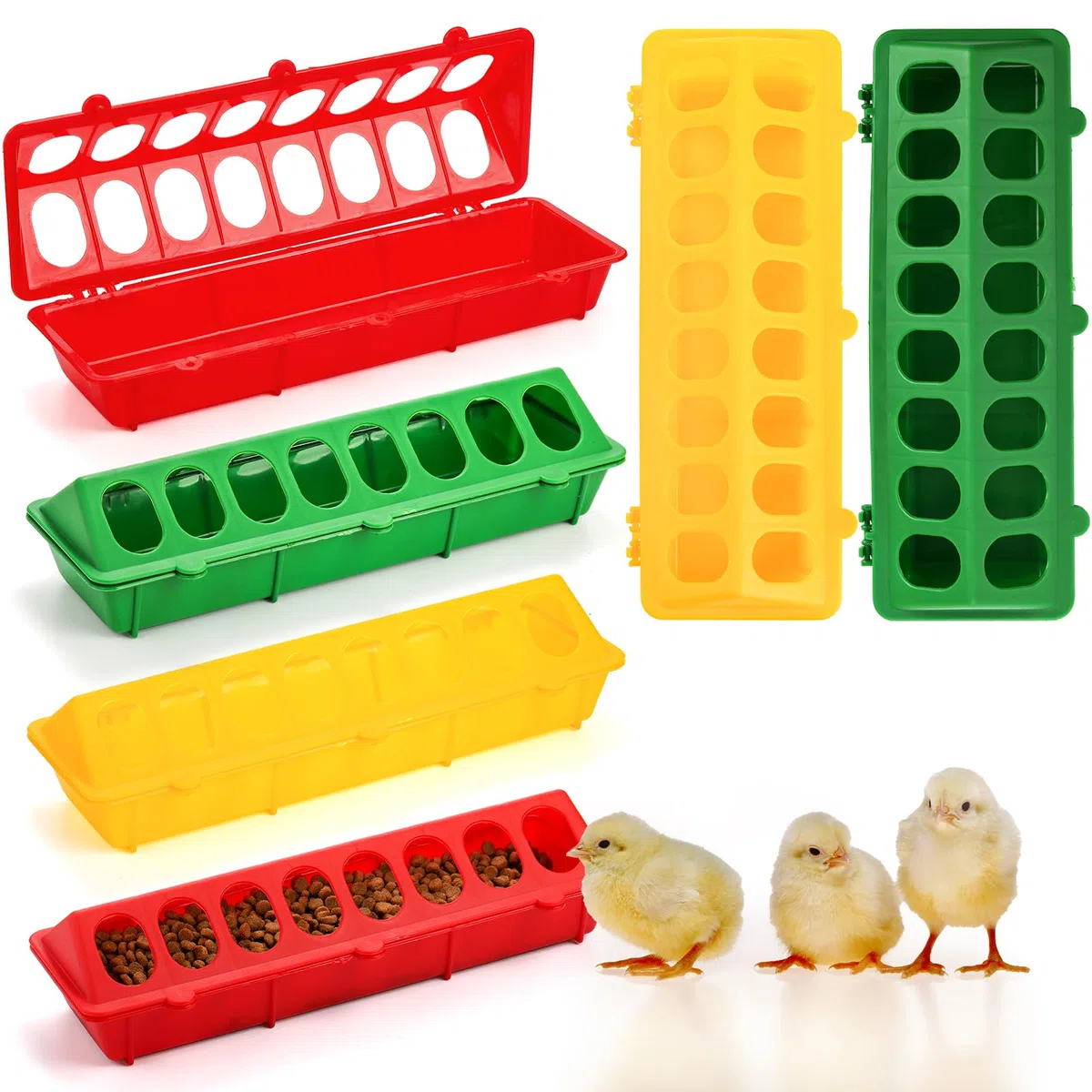 Coloch Lot de 6 mangeoires à Oiseaux en Plastique à Couvercle Rabattable - 16 Trous - pour Pigeons, cailles, canetons, canetons, Poulets, 3 Couleurs