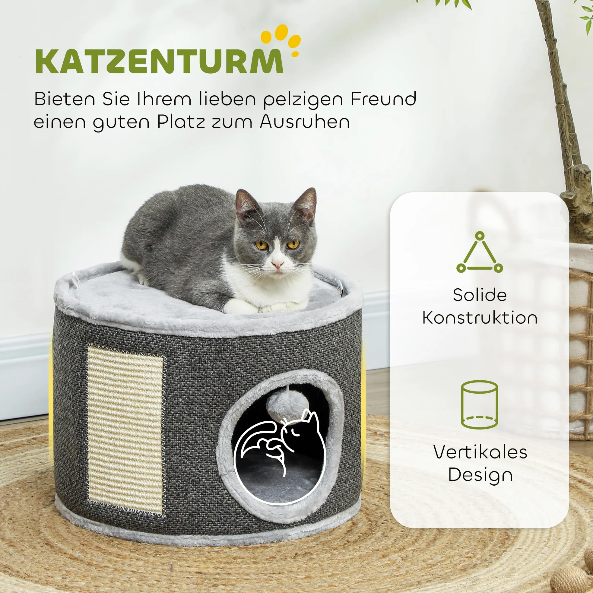 PawHut Griffoir en sisal pour Chat jusqu'à 5 kg avec Grotte Blanc crème 30 cm