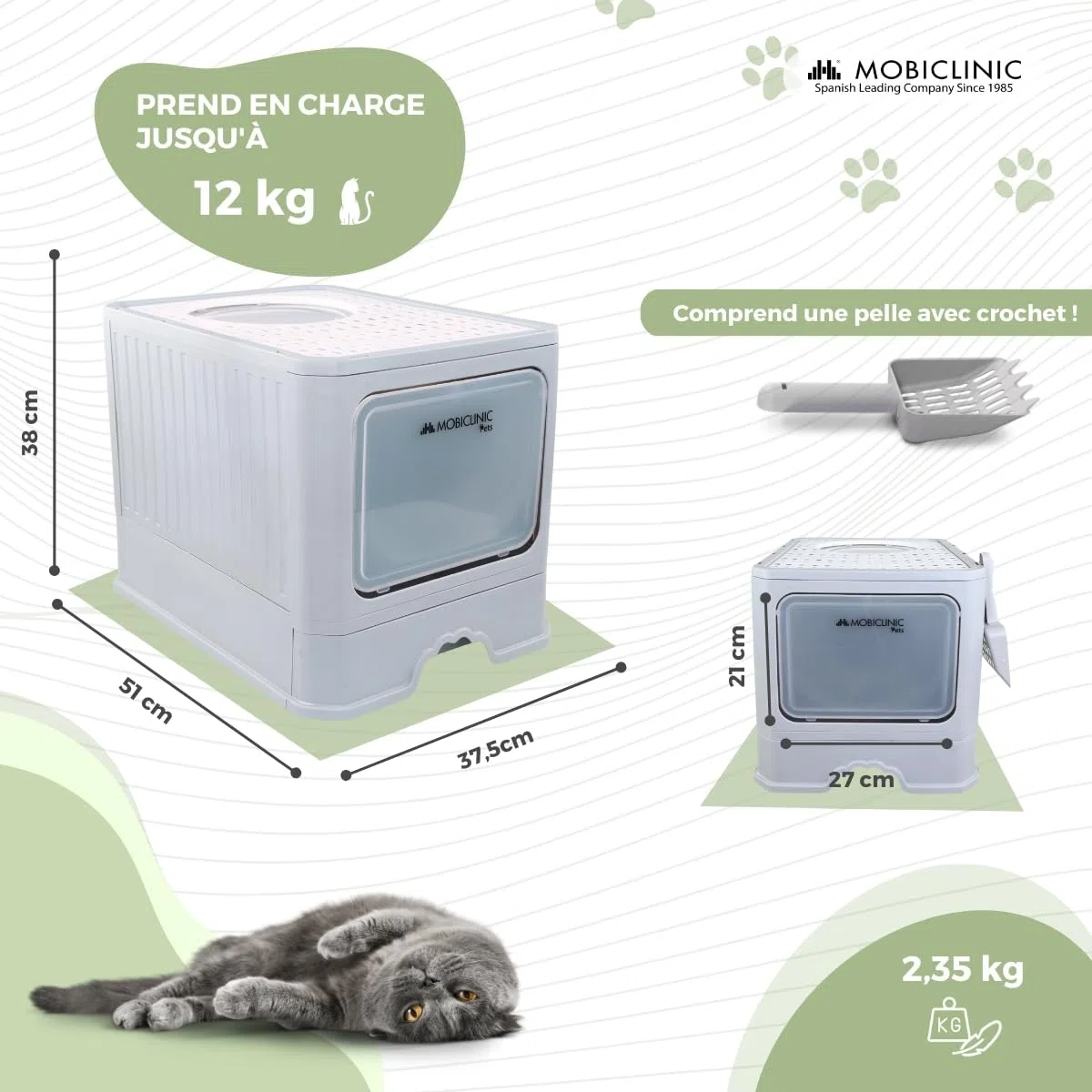 Mobiclinic® Pets, Bac à litière pour Chats Couvert, Tiroir Amovible, Inclus Une Pelle, Catbox, Double entrée Frontale et supérieure avec Couvercle, Grille, Démontable