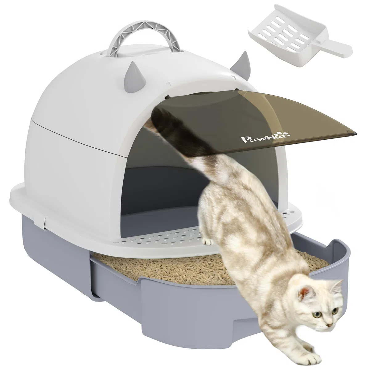 PawHut Maison de Toilette pour Chat, bac à litière fermé Chat, 2 Packs de filtres au Charbon poignée de Transport Porte translucide Nettoyage Facile Gris