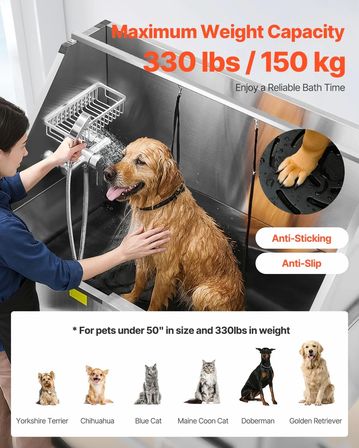 VEVOR Baignoire de Chien Acier Inoxydable, Baignoire de Toilettage Électrique pour Animaux de Compagnie 127 cm Station de Lavage Chat, avec Panneau Filtre Eau, Robinet, Pommeau de Douche, Porte Gauche