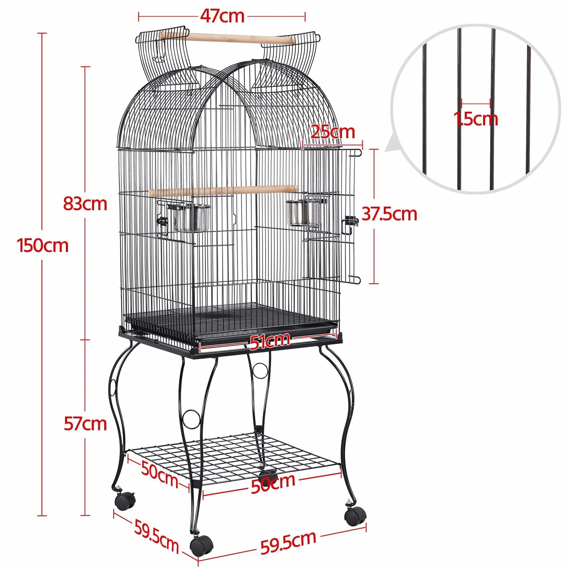 Yaheetech Cage Oiseau avec Toit Ouvert Voliere Oiseaux Interieur roulante sur roulettes avec Support Détachable pour Perruche Canaries Mandarin 59 x 59 x 150 cm Noir