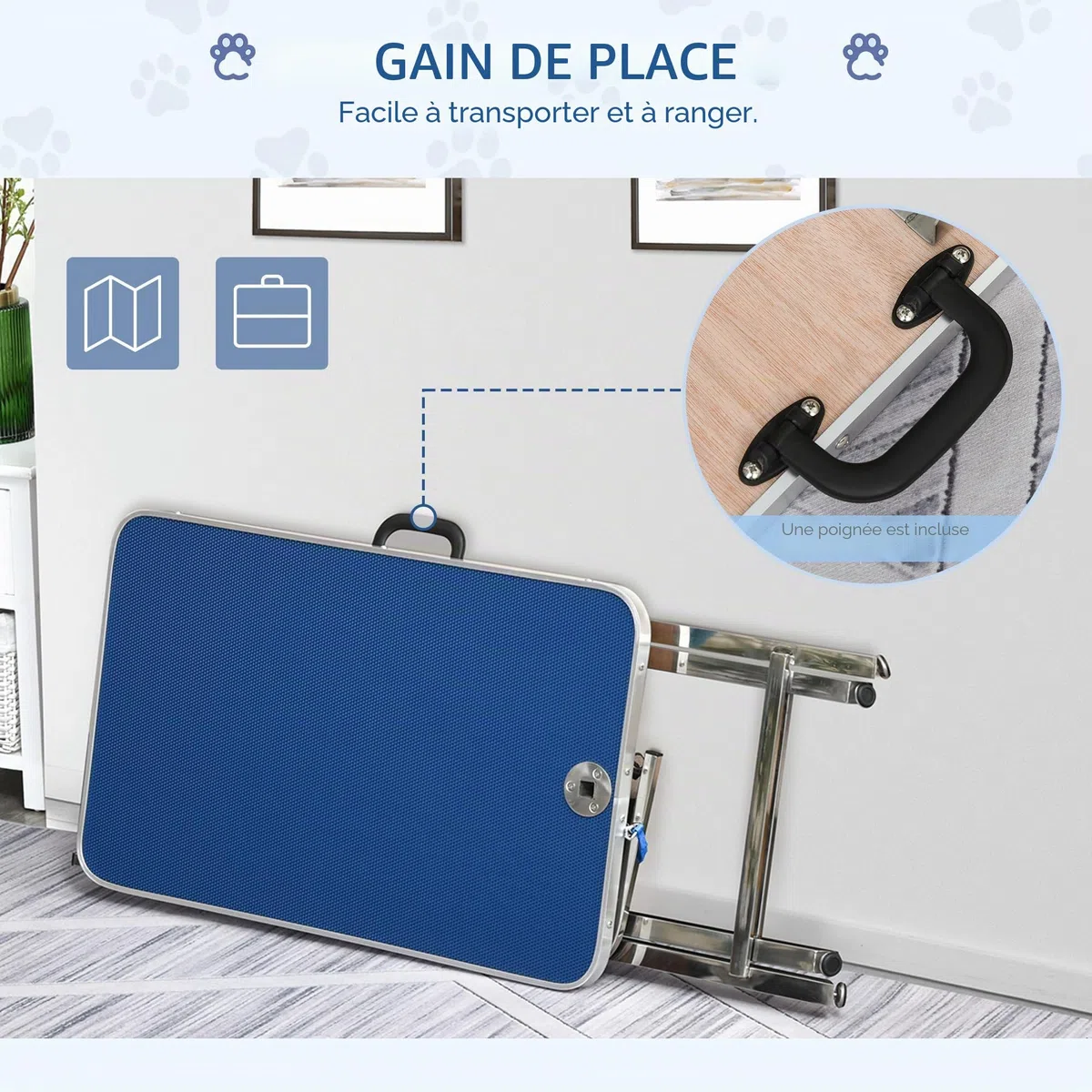 PawHut Table de toilettage Hauteur réglable, plateau antidérapant, pieds pliables en acier inoxydable, poignée et bras ajustables 72x45x74-81 cm Bleu