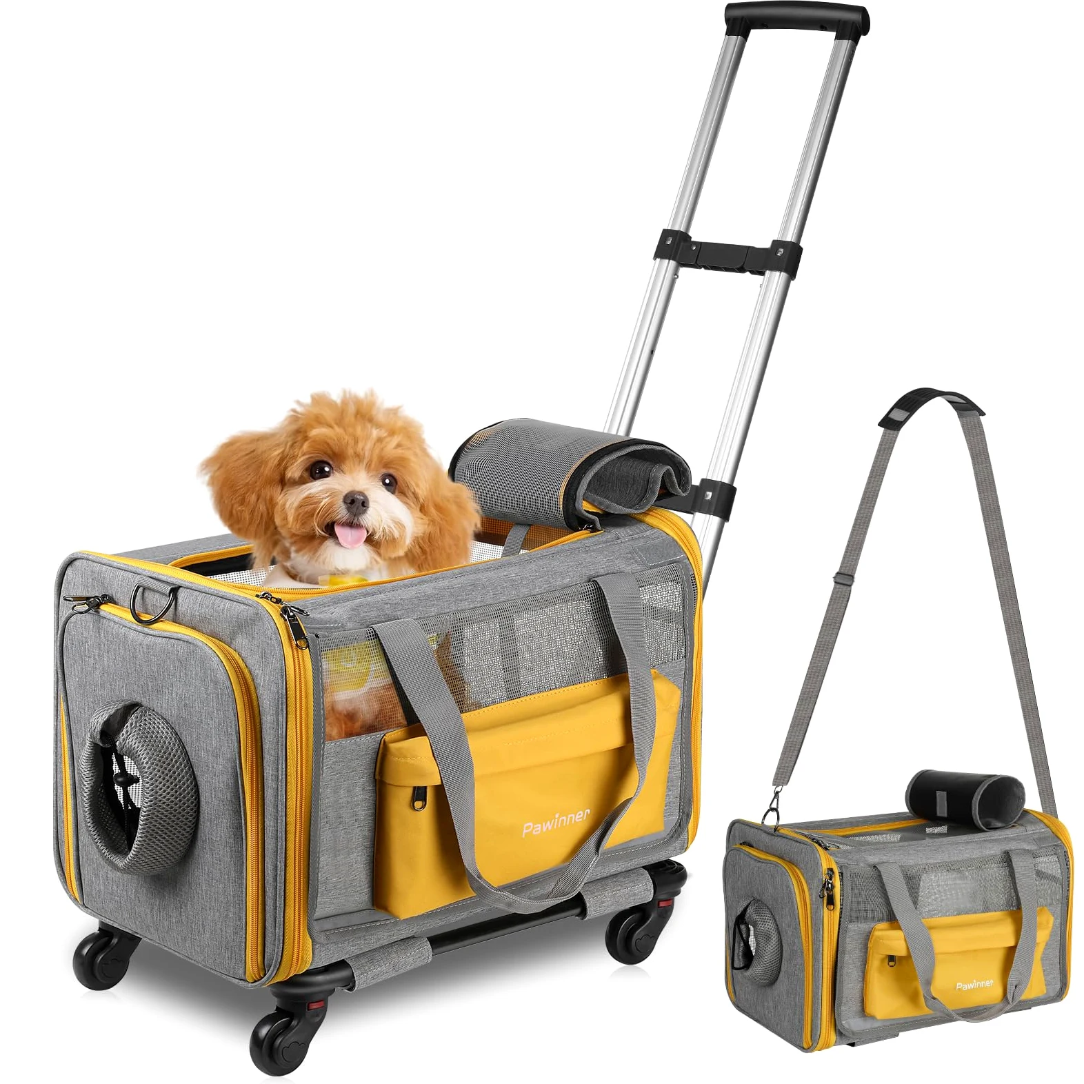 Sac de Transport pour Chat avec Poignée Télescopique - Caisse de Voyage 3-en-1 Pliable pour Petit/Moyen Chien et Chat, Approuvée Avion, roulettes et Toit Ouvrant (Gris)