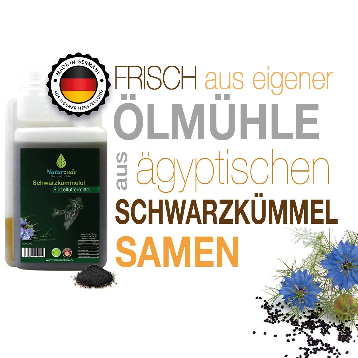 Naturzade Huile de nigelle - Matière première pour alimentation de cheval/chien - Flacon doseur 1 l