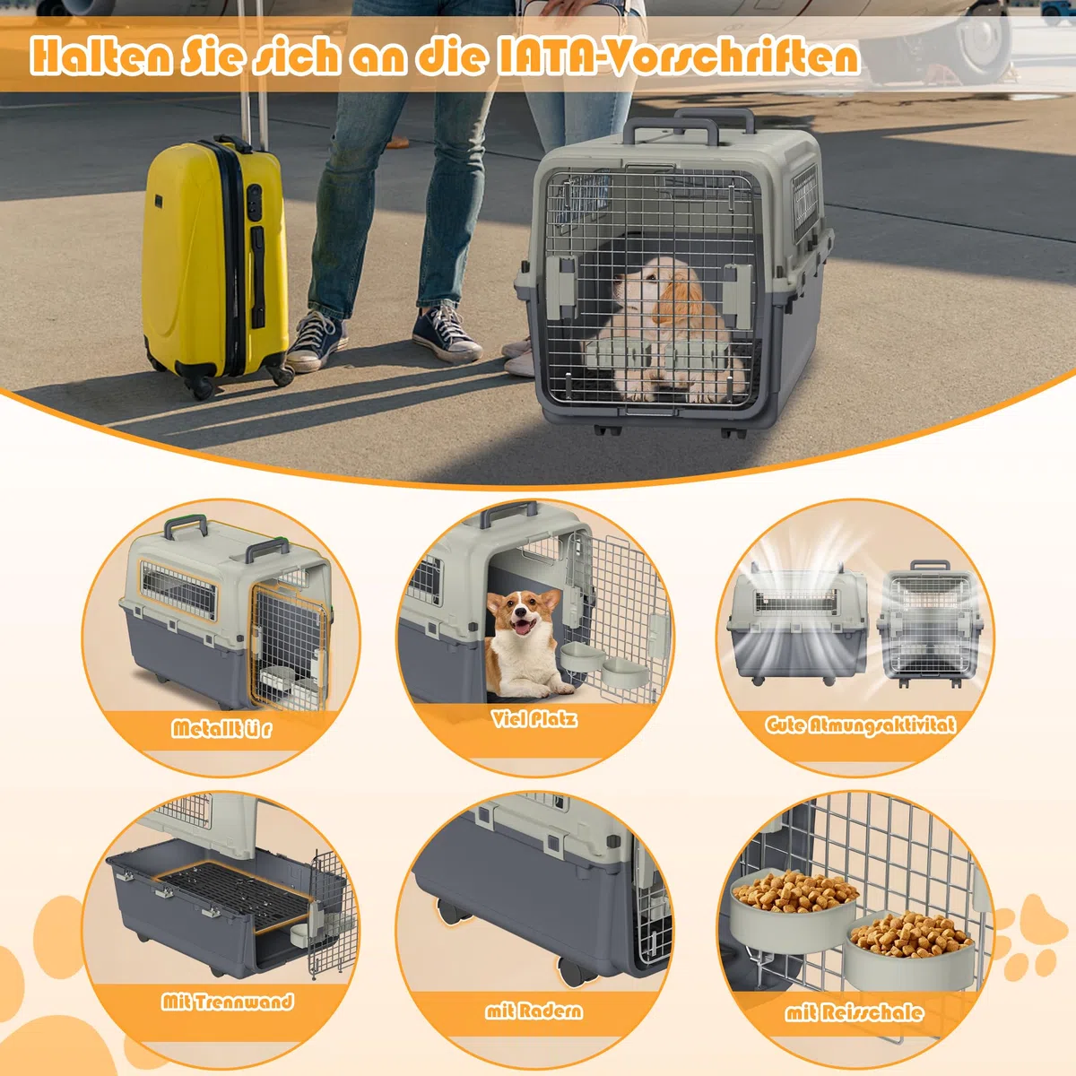 FIVMEN Cage de transport pour chien 67 x 51 x 58,5 cm avec roulettes et fenêtres en fer, portes, caisse de transport pour animaux, avion, voiture, voyage et transport