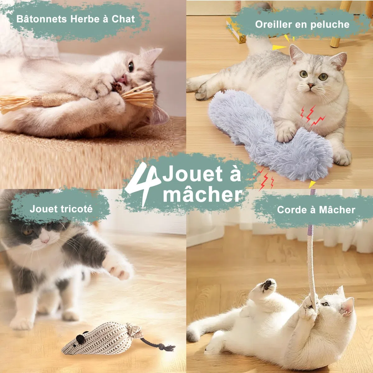 7-en-1 Jouet Chat Interactif, Ventouse Collante Lavable, Jeu pour Chat Oiseau Qui Bouge Interieur, Jouets Suspendus pour Chats, Bâtonnets Herbe à Chat et Corde à Mâcher, Oreiller en Peluche