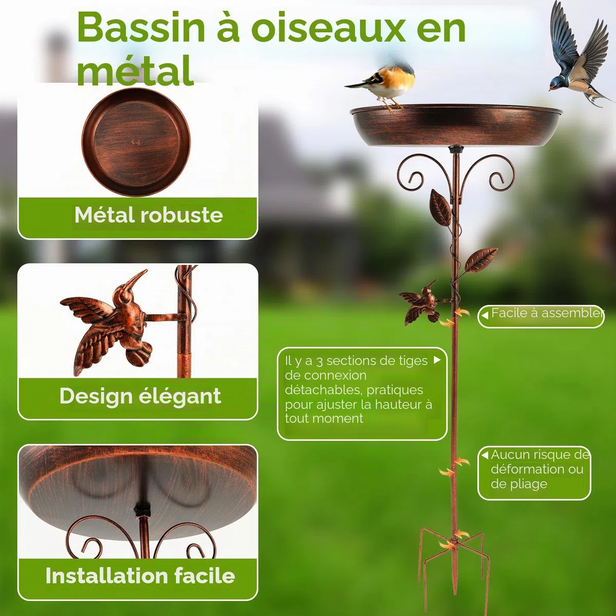 Abreuvoir pour oiseaux sur pied rétro en métal - 30 x 80 cm avec piquet, bain résistant au gel pour extérieur et hiver