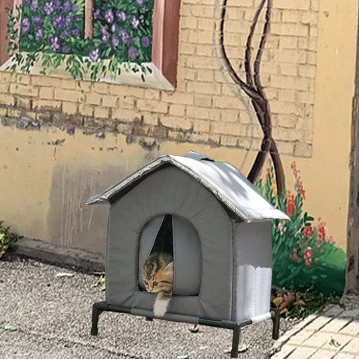 Gralara Niche pour Chat, Abri et Refuge Maisonnette d'Extérieur Chaude avec Coussin Doux et Support Surélevé, Niche pour Petits Animaux Extérieur Hiver, Adapté pour Chats, S