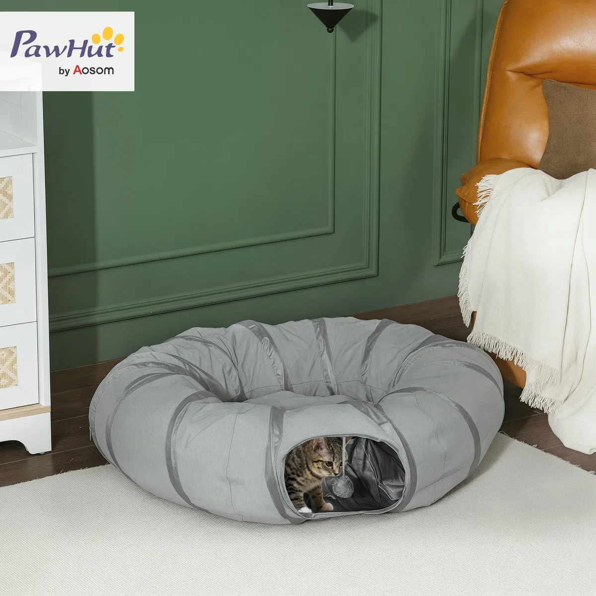 PawHut Tunnel pour Chat intérieur, Rond Tunnel avec lit Pliable avec Coussin, Trous pour balles et Judas, en Tissu suède Doux, Jeux interactifs pour Chatons, Chiots, Lapins et Petits Animaux, Gris