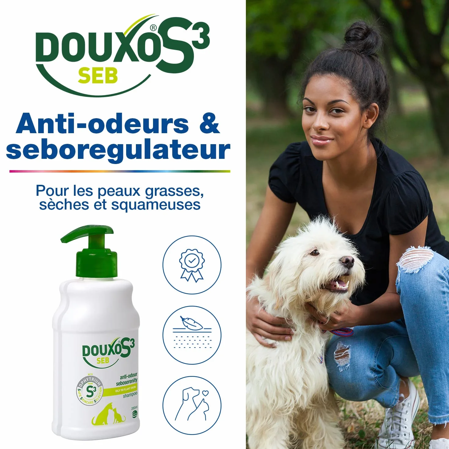 DOUXO S3 SEB Shampooing Anti-Odeur et séborégulateur, pour Chiens et Chats avec des pellicules, Poils Gras et Mauvaises odeurs pour Chiens et Chats, 200ml
