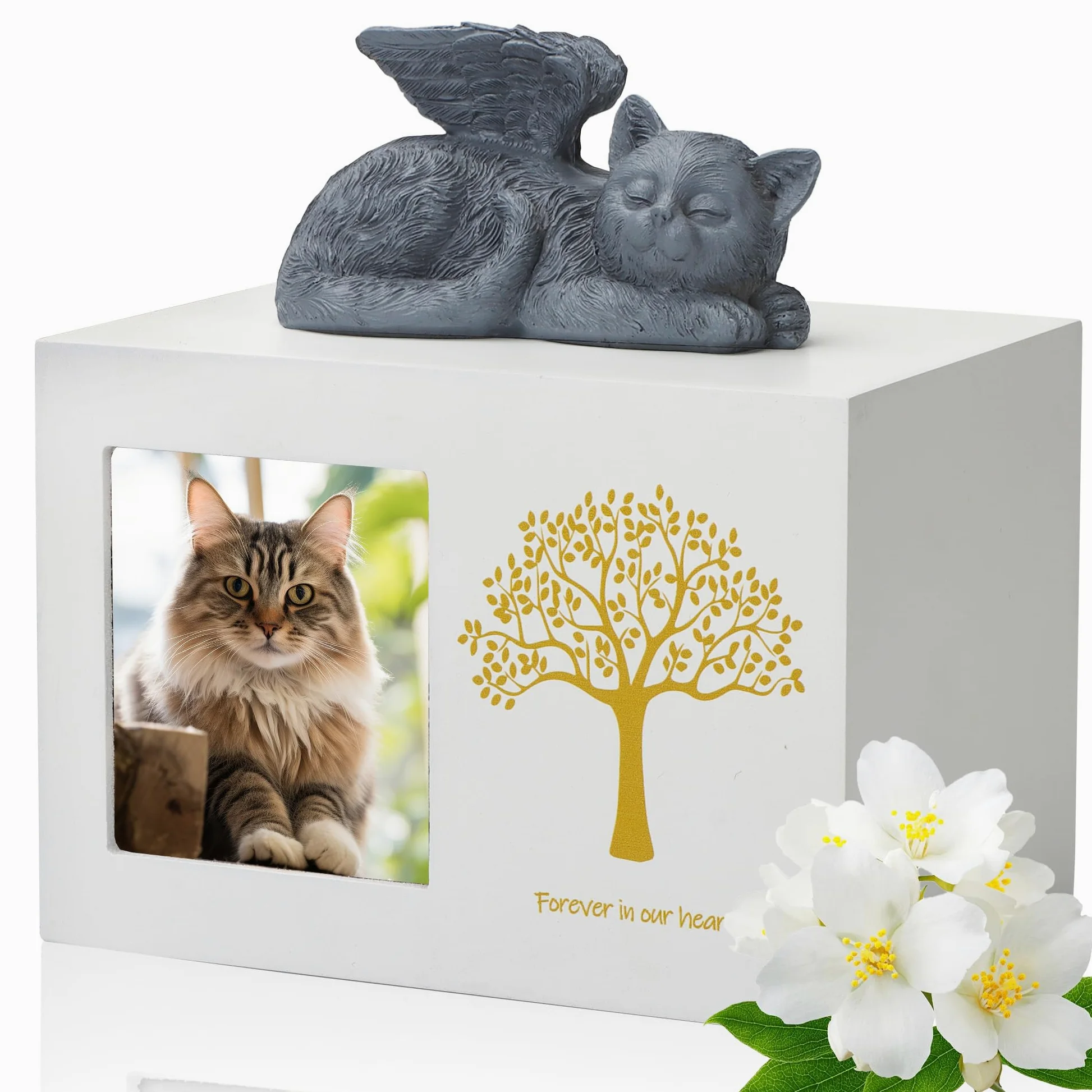 Boîte de crémation pour animaux de compagnie - Urne blanche en bois - Avec statue d'ange de chat en résine et sac