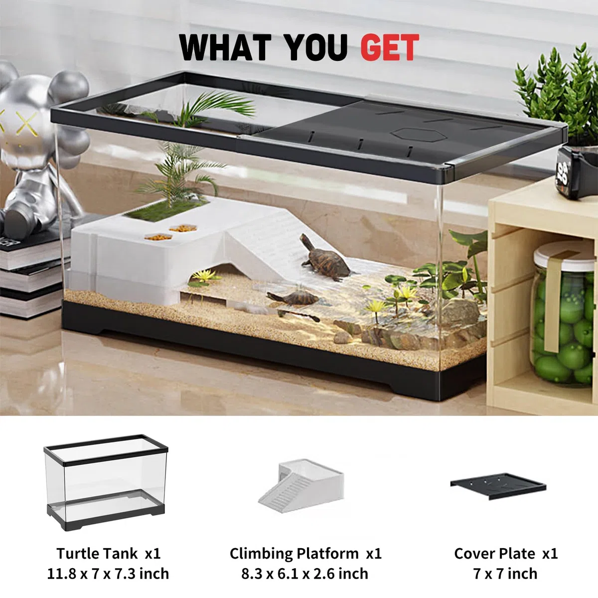 Aquarium pour Tortues avec Plate-Forme de Bain de Soleil et Drainage au Fond, Aquarium de 30 x 18 x 18,5 cm pour Jeunes Tortues, écrevisses, crabes, Amphibiens, Reptiles, Noir