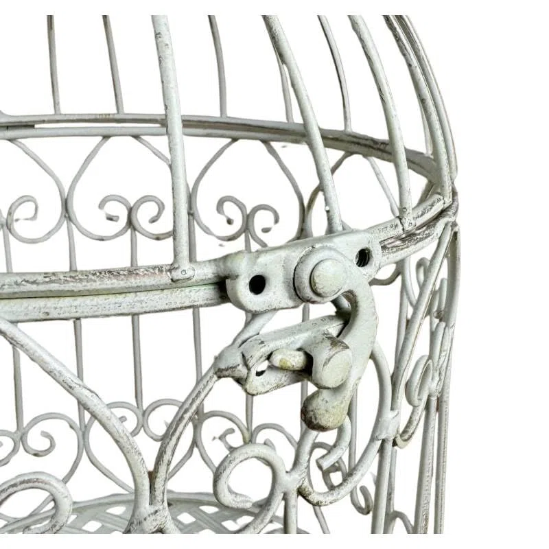 L'Héritier Du Temps Petite Cage à Oiseaux Volière Ronde en Acier Patiné Blanc Abri Décoratif à Suspendre 15,5x15,5x28cm