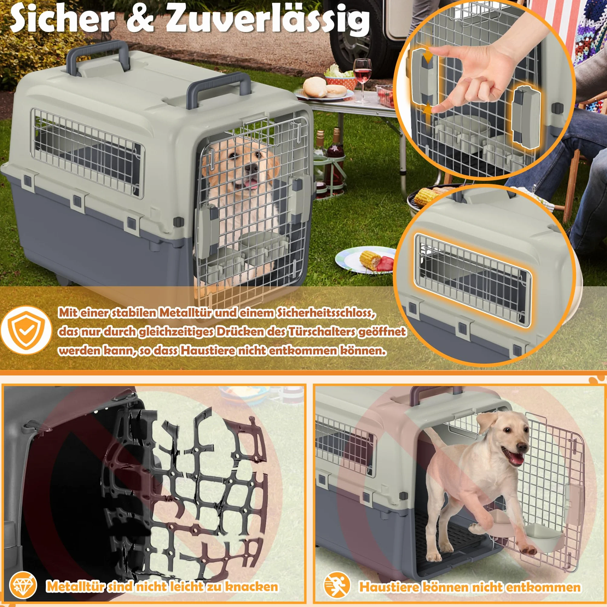 Froadp Boîte de transport pour animaux de compagnie, chien, chat, en plastique PP, 80 x 57 x 70 cm, avec roulettes, espaceurs d'urine et gamelles suspendues