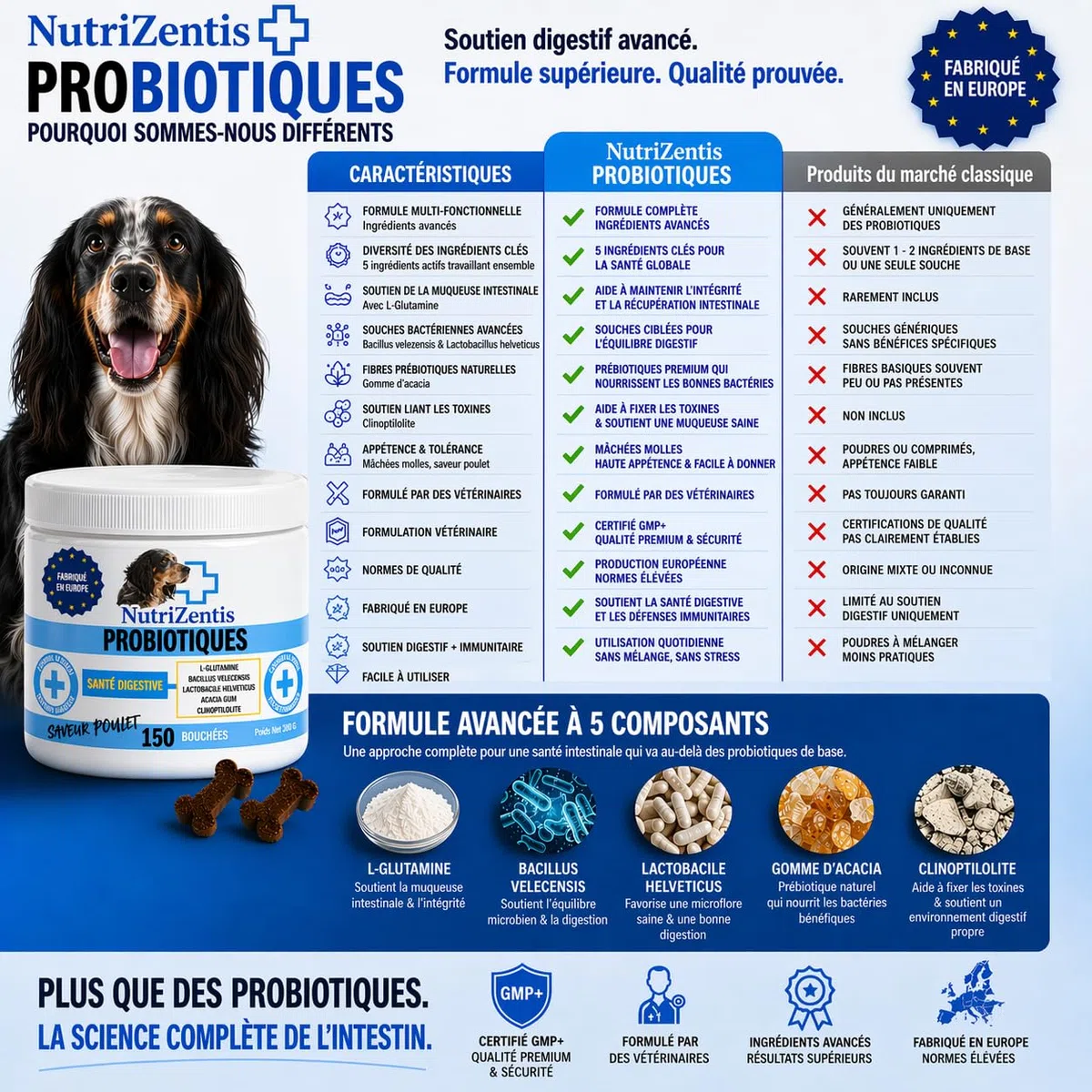 Probiotique Chien 150 Bouchées Répare la Flore intestinale du Chien, renforce Son système immunitaire, probiotiques pour Chiens | Fabriqué en Europe | 150 Bouchées au Poulet