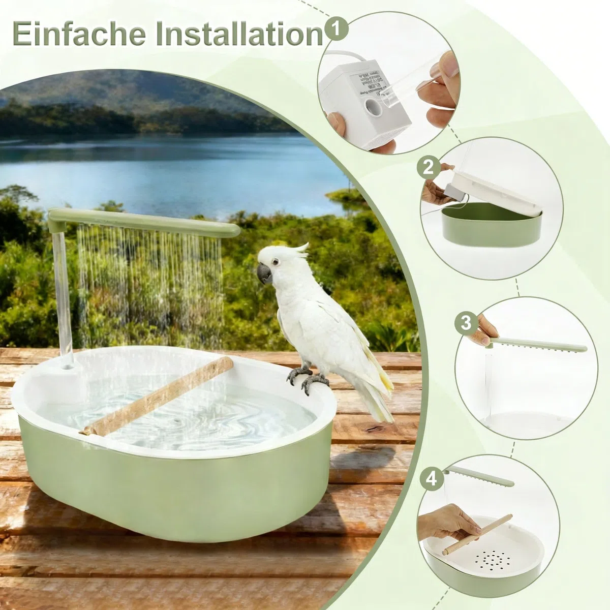 Bain d'oiseaux 32 x 26 cm pour perruches en polypropylène Vert Style frais Circulation automatique de l'eau de pluie Douche d'oiseaux avec 26 sorties d'eau pour