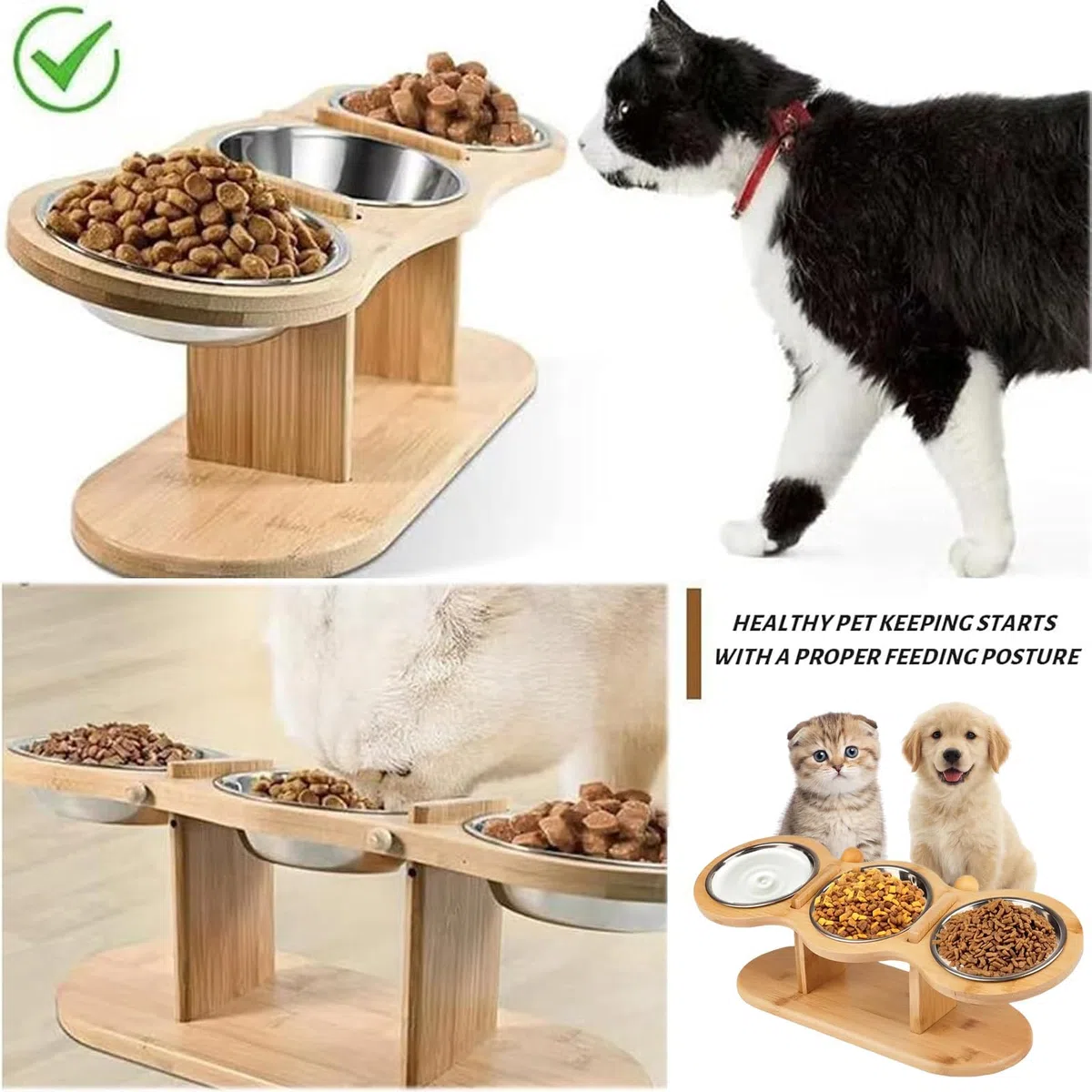 Surélevée Bol Chat Gamelle Chat avec 3 Bols en Acier Inoxydable, Hauteur Réglable–Support pour Eau et Nourriture Adaptée Aux Chats Et Petits Chiens