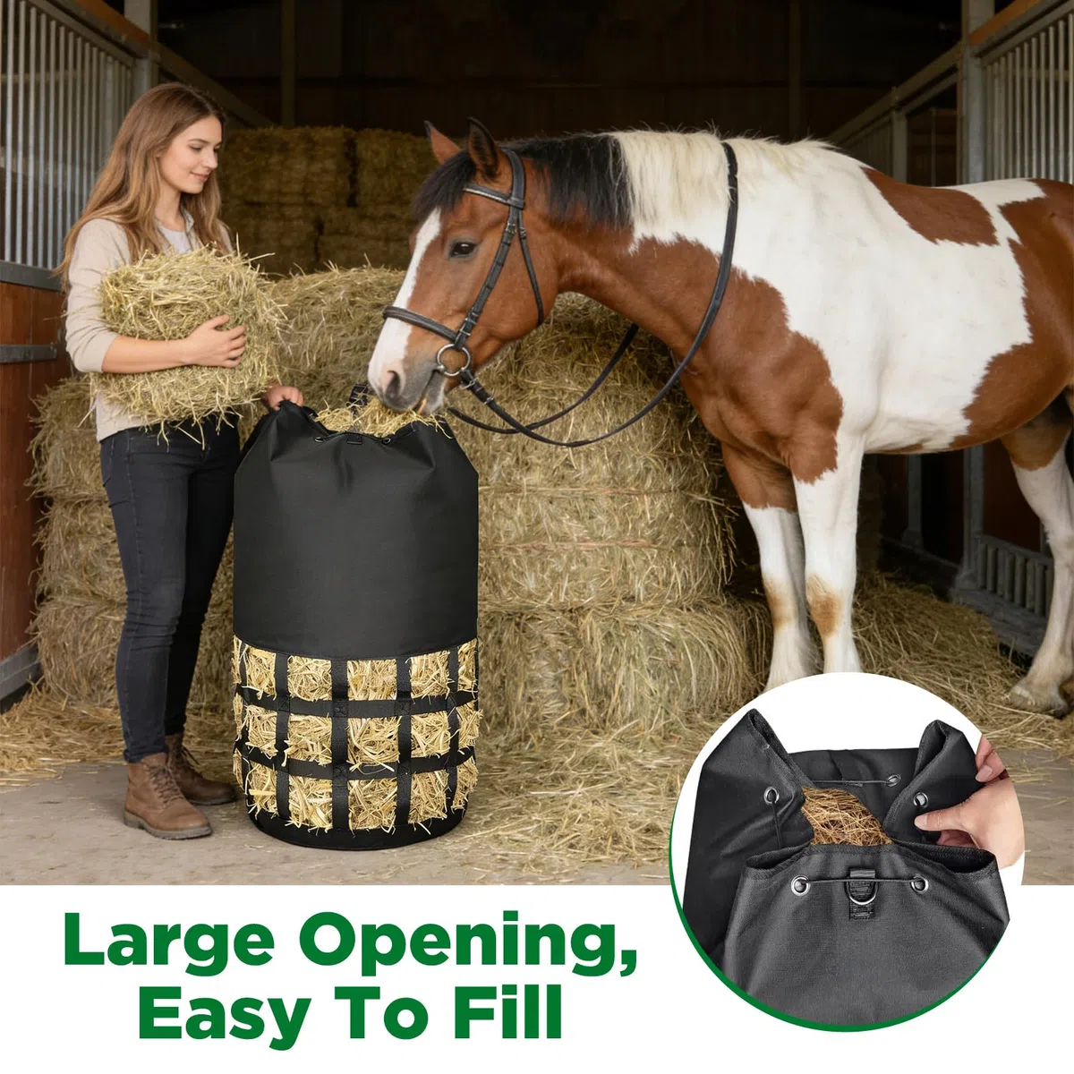 Filet à Foin pour Chevaux à Mailles serrées, Filet à Foin pour Chevaux | Sac XXL 10 kg, Mailles 6,5 cm | Robustesse élevée pour écurie/Paddock/Transport