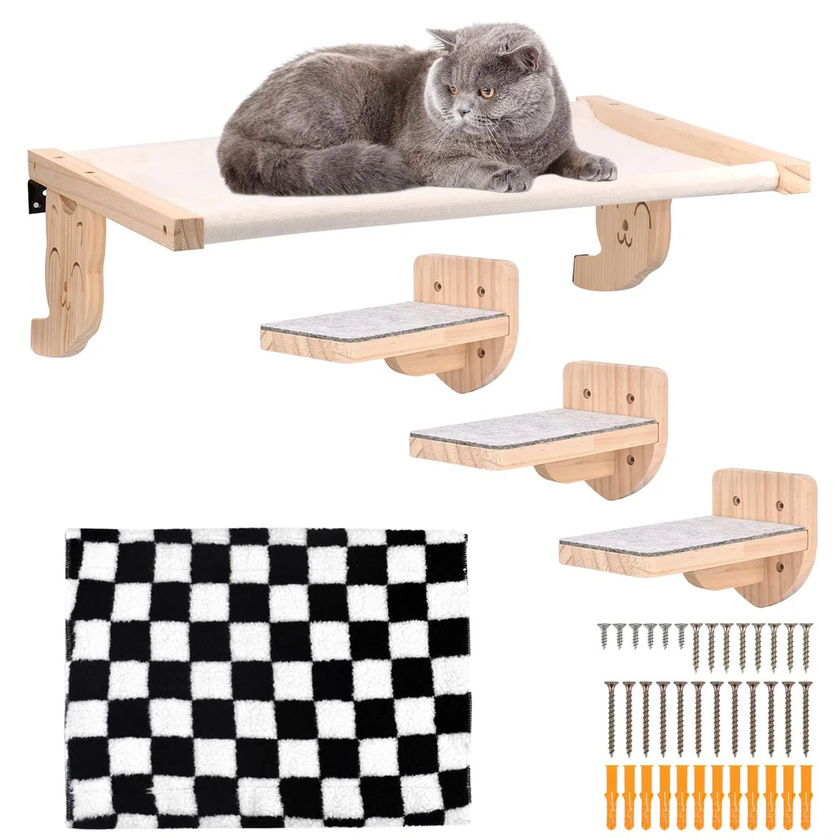Hamac chat fixé au mur, mobilier mural en bois pour chat, étagères et barres, étagère murale avec peluche, plateforme pour dormir, jouer et escalader