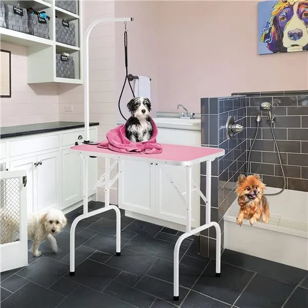 Abician Table de Toilettage pour Chien/Chat/Animaux Table de Toilettage Portable avec Potence Réglable Sangle Plateau Antidérapant 80,5× 46 × 76 cm Charge Maximale de 100 kg Rose